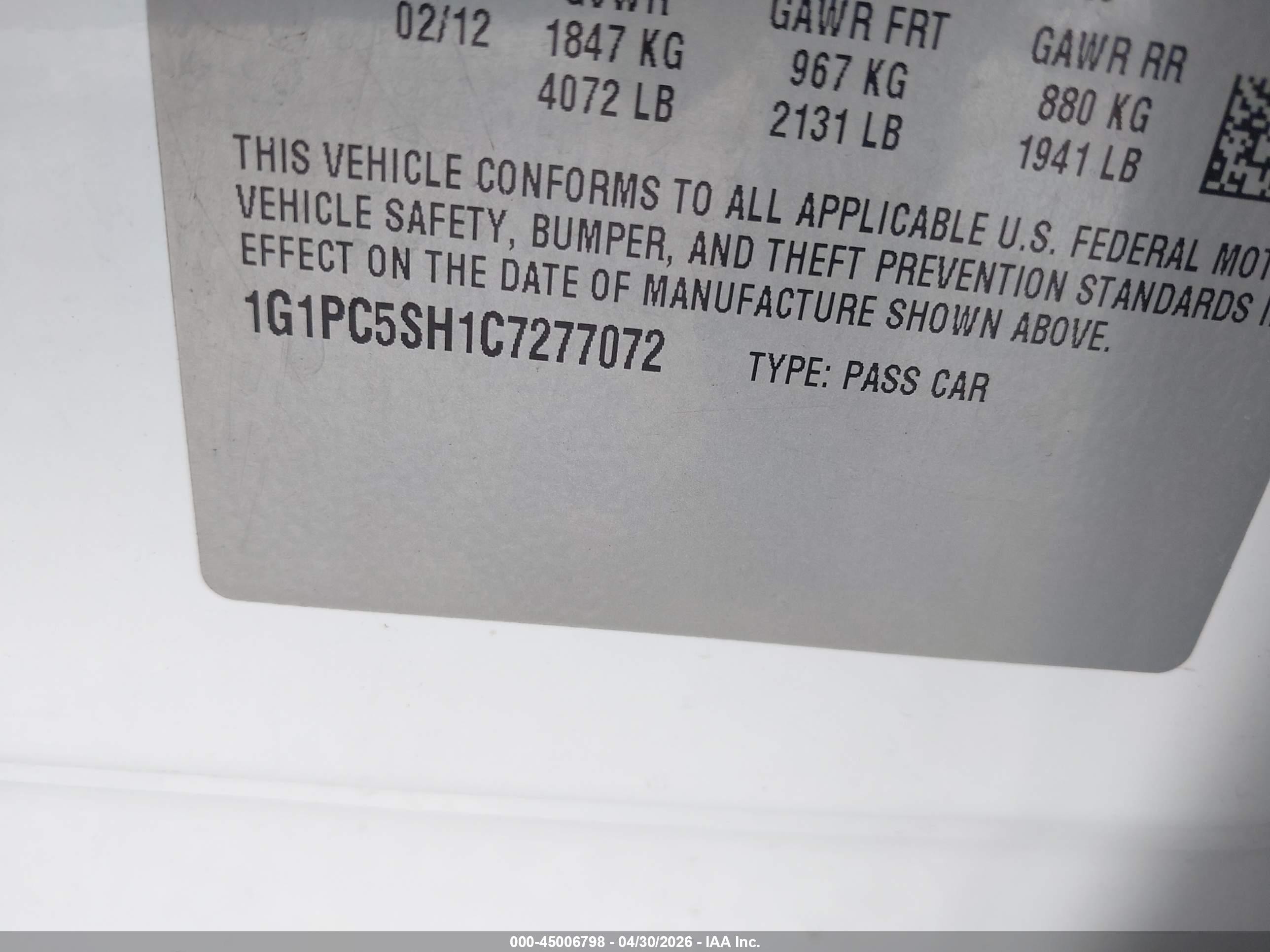 2012 Chevrolet Cruze Ls White vin: 1G1PC5SH1C7277072