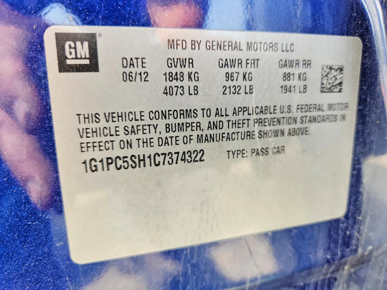 2012 Chevrolet Cruze Ls Blue vin: 1G1PC5SH1C7374322
