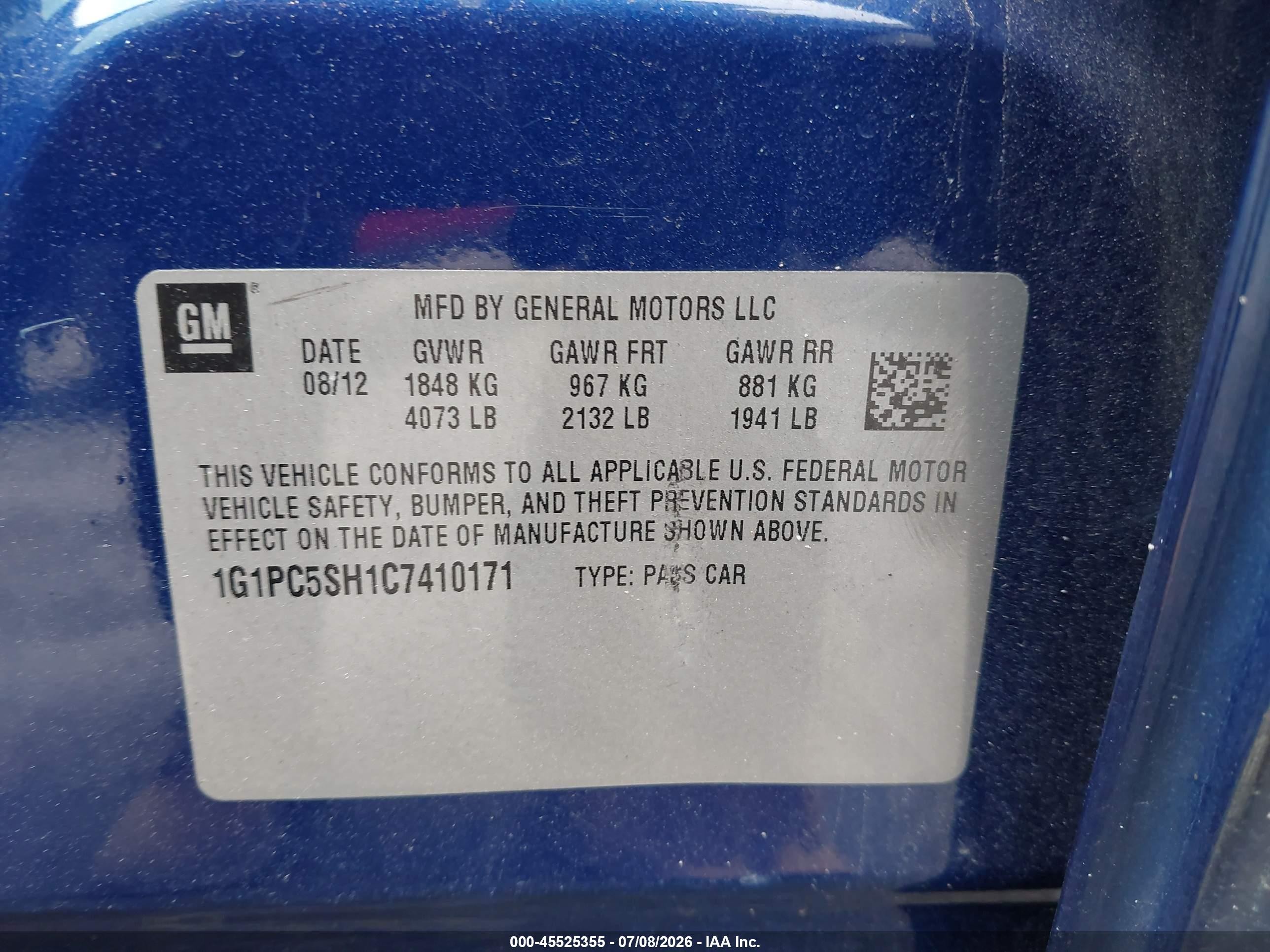 2012 Chevrolet Cruze Ls Blue vin: 1G1PC5SH1C7410171