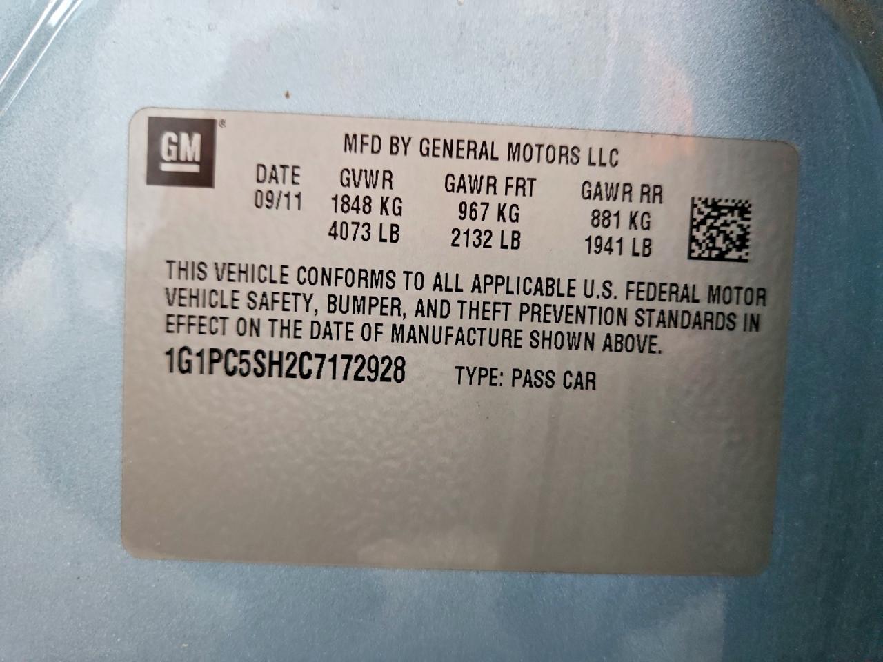 2012 Chevrolet Cruze Ls Blue vin: 1G1PC5SH2C7172928