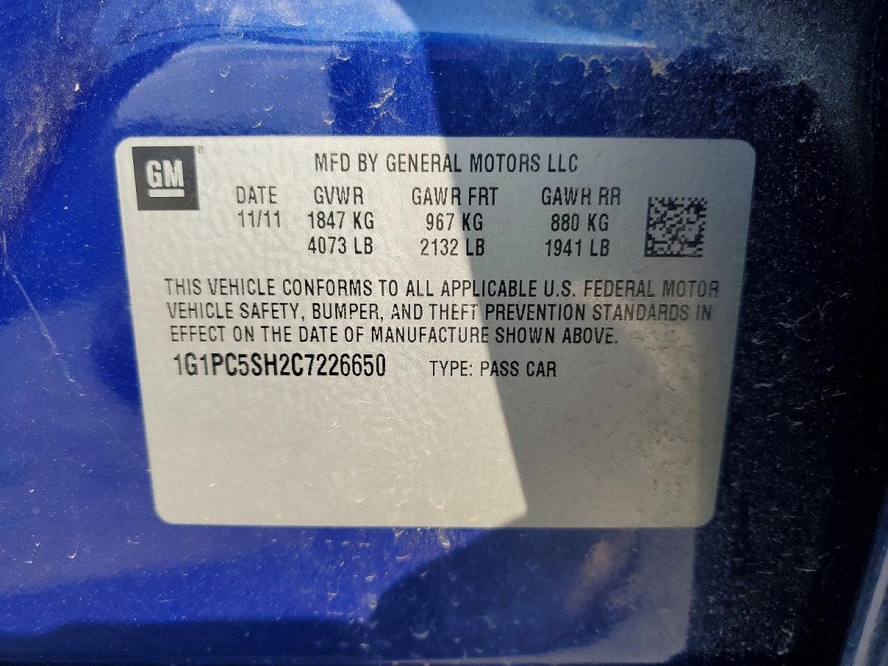 2012 Chevrolet Cruze Ls Blue vin: 1G1PC5SH2C7226650
