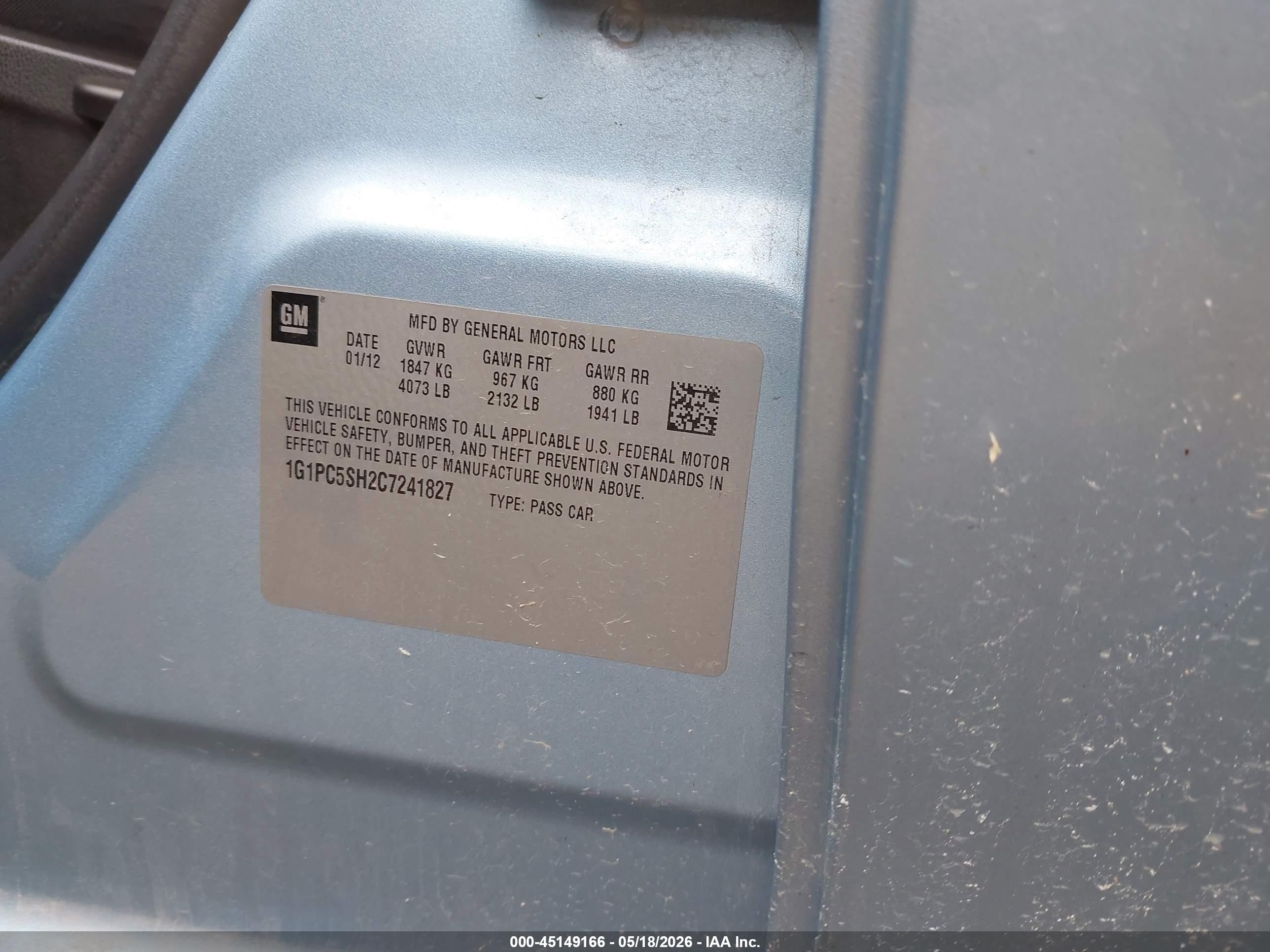 2012 Chevrolet Cruze Ls Light Blue vin: 1G1PC5SH2C7241827