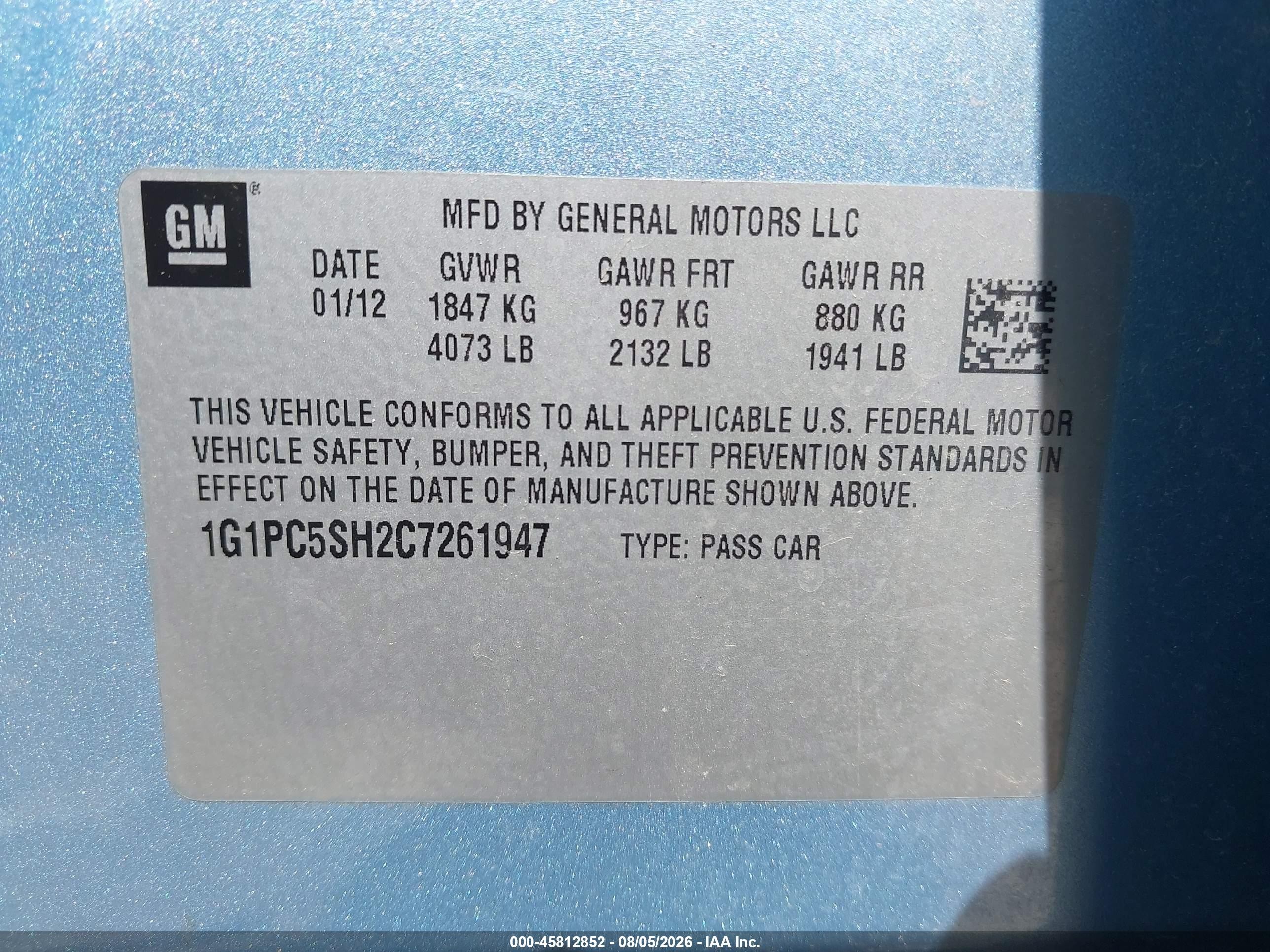 2012 Chevrolet Cruze Ls Light Blue vin: 1G1PC5SH2C7261947