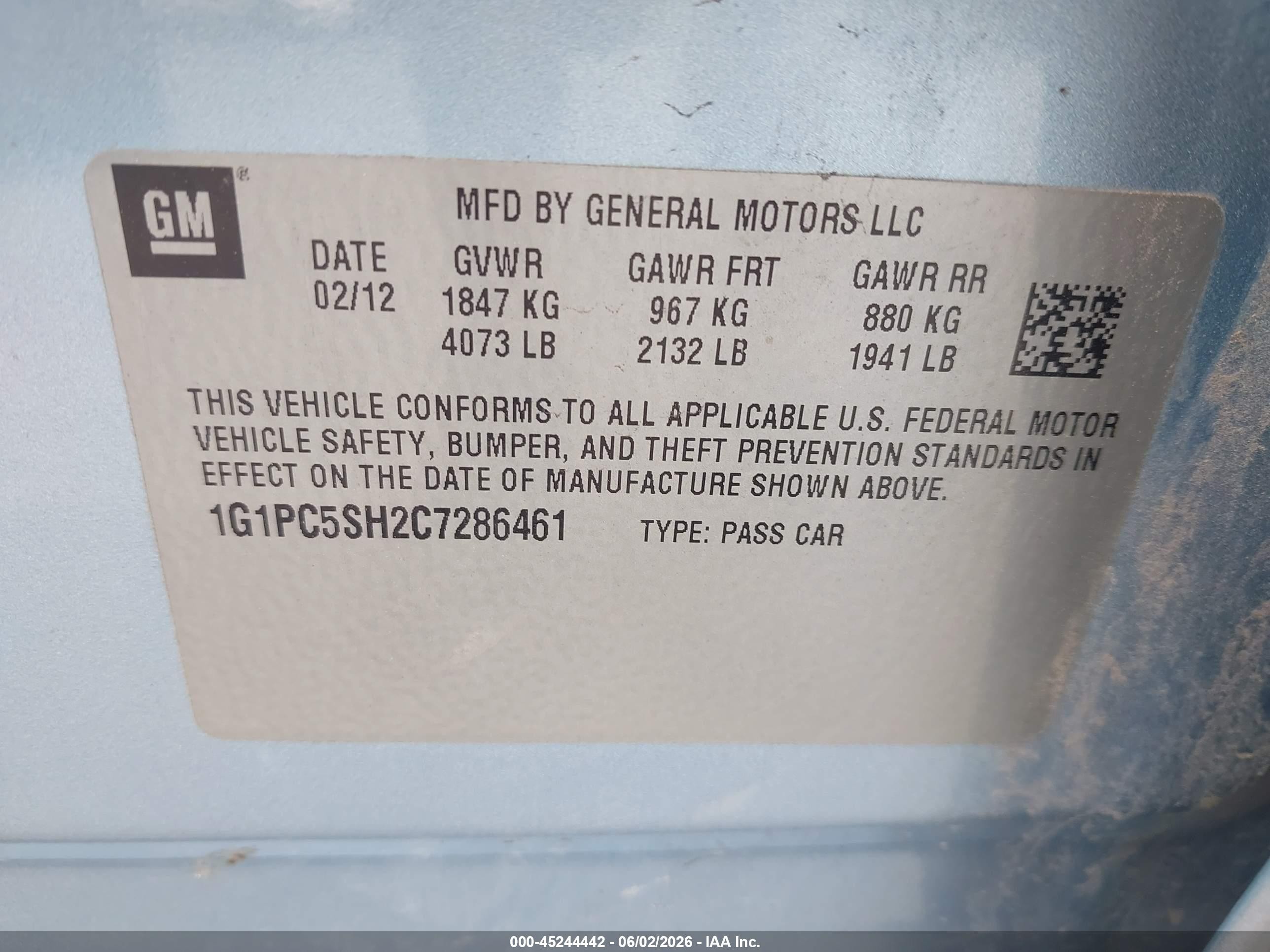 2012 Chevrolet Cruze Ls Light Blue vin: 1G1PC5SH2C7286461
