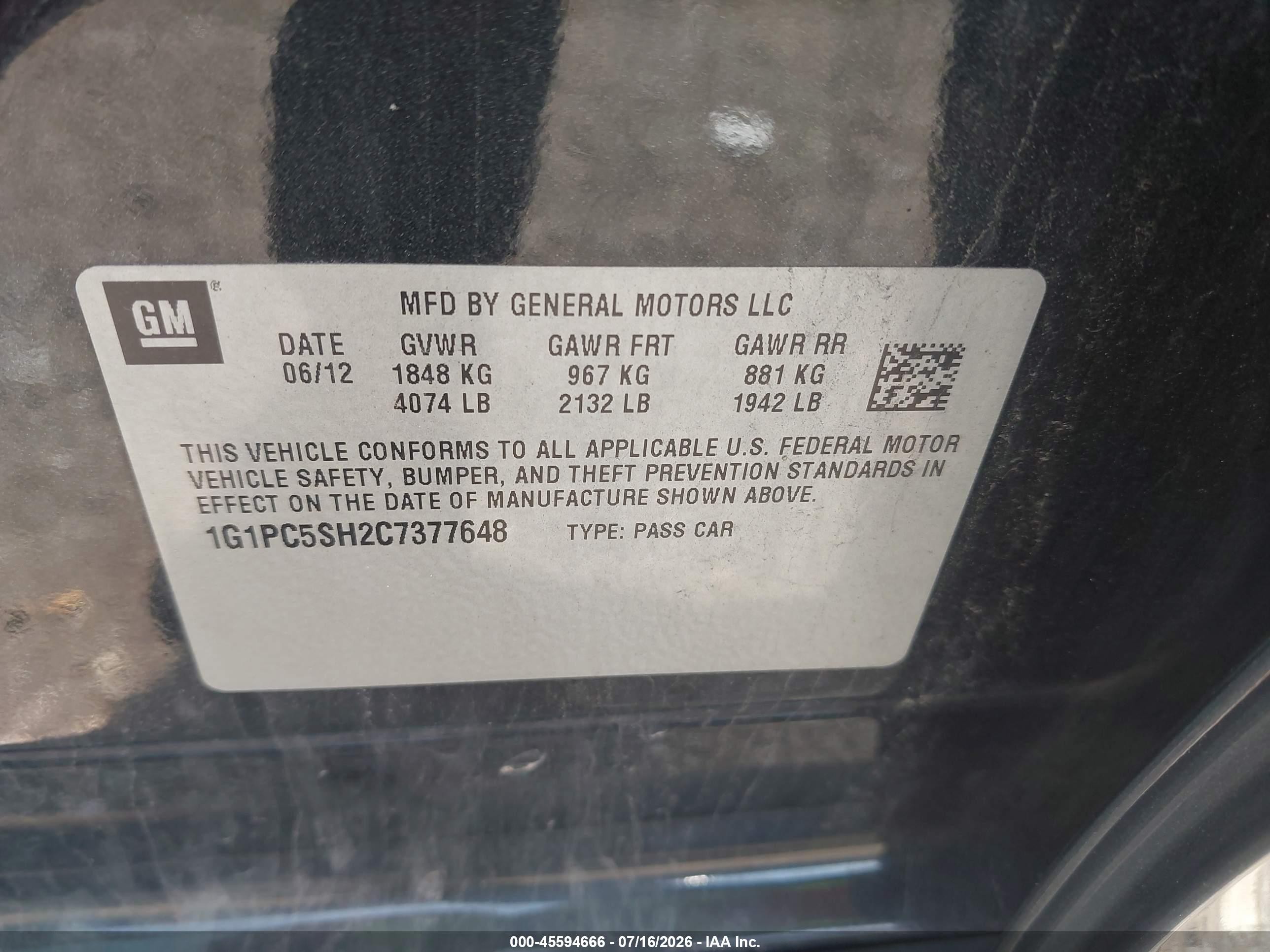 2012 Chevrolet Cruze Ls Black vin: 1G1PC5SH2C7377648