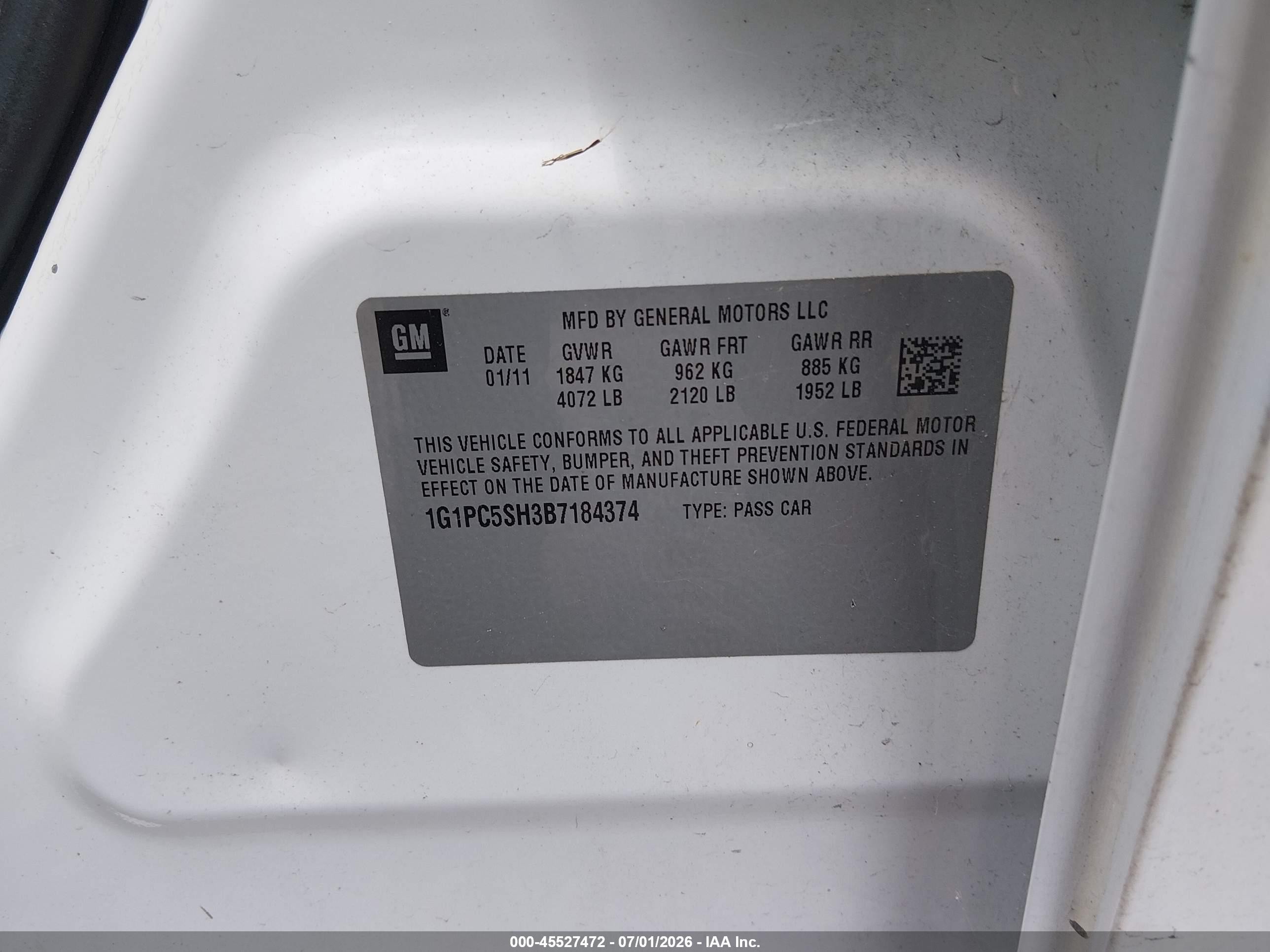 2011 Chevrolet Cruze Ls White vin: 1G1PC5SH3B7184374