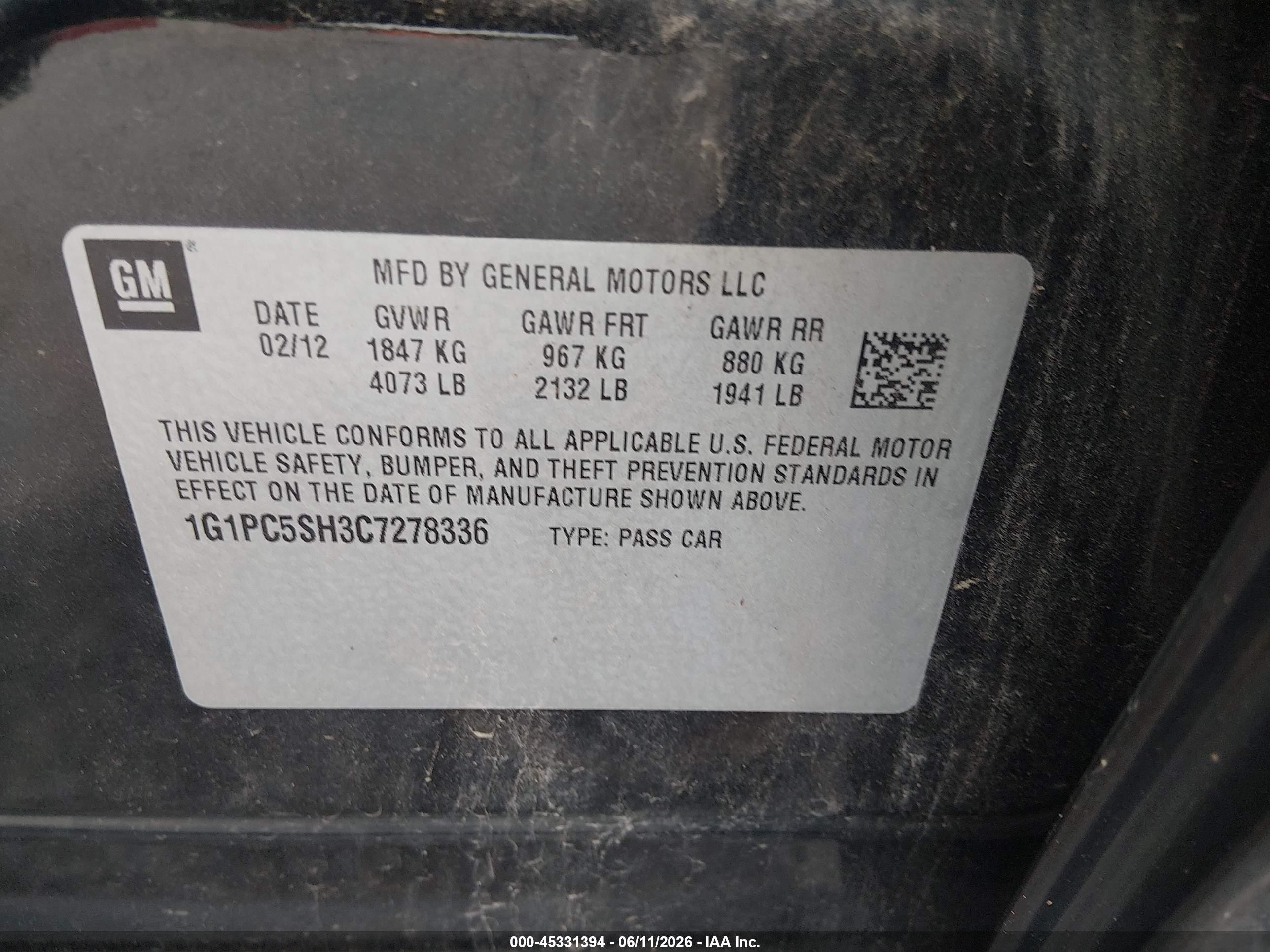 2012 Chevrolet Cruze Ls Black vin: 1G1PC5SH3C7278336