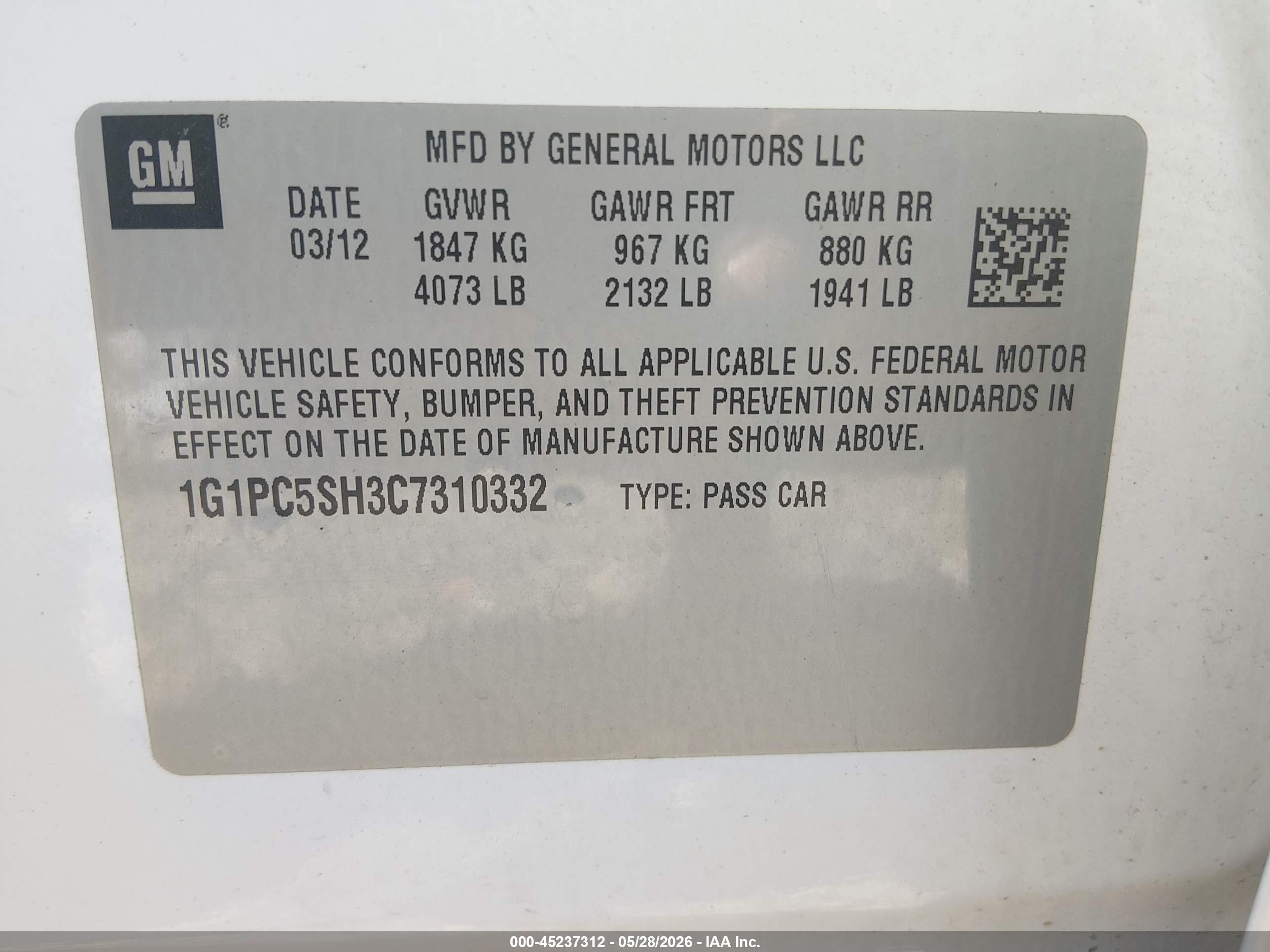 2012 Chevrolet Cruze Ls White vin: 1G1PC5SH3C7310332