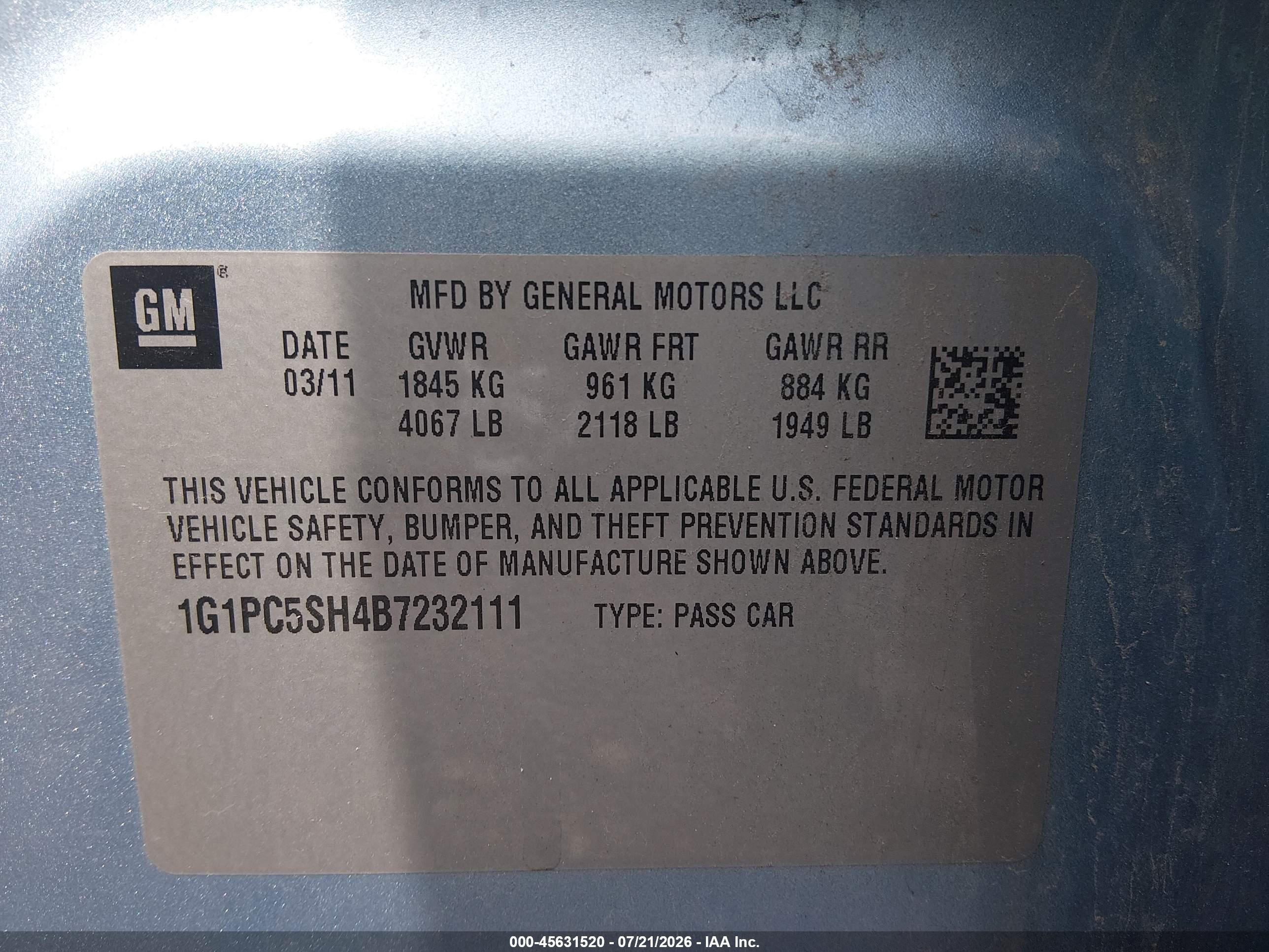 2011 Chevrolet Cruze Ls Light Blue vin: 1G1PC5SH4B7232111