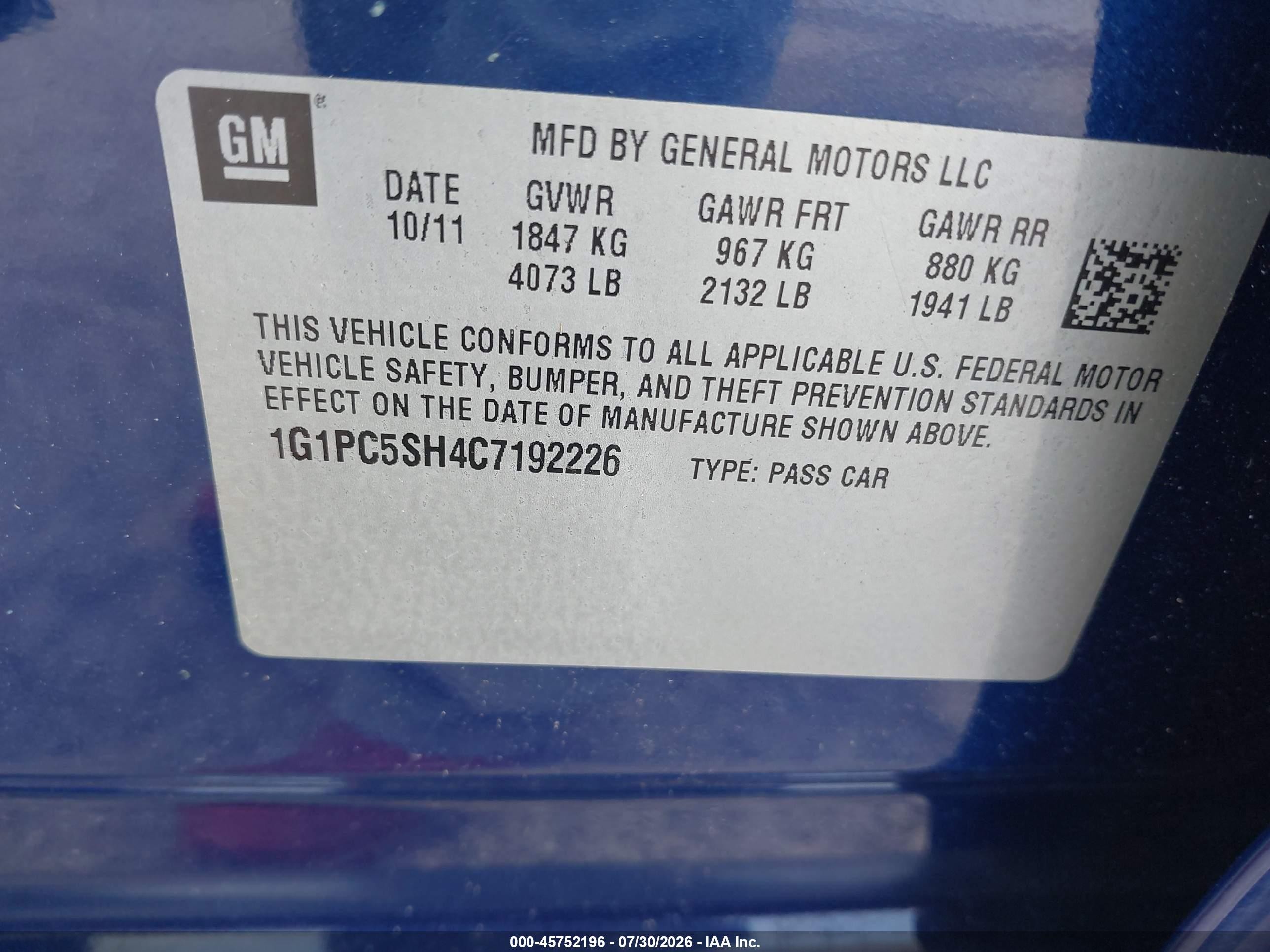 2012 Chevrolet Cruze Ls Blue vin: 1G1PC5SH4C7192226
