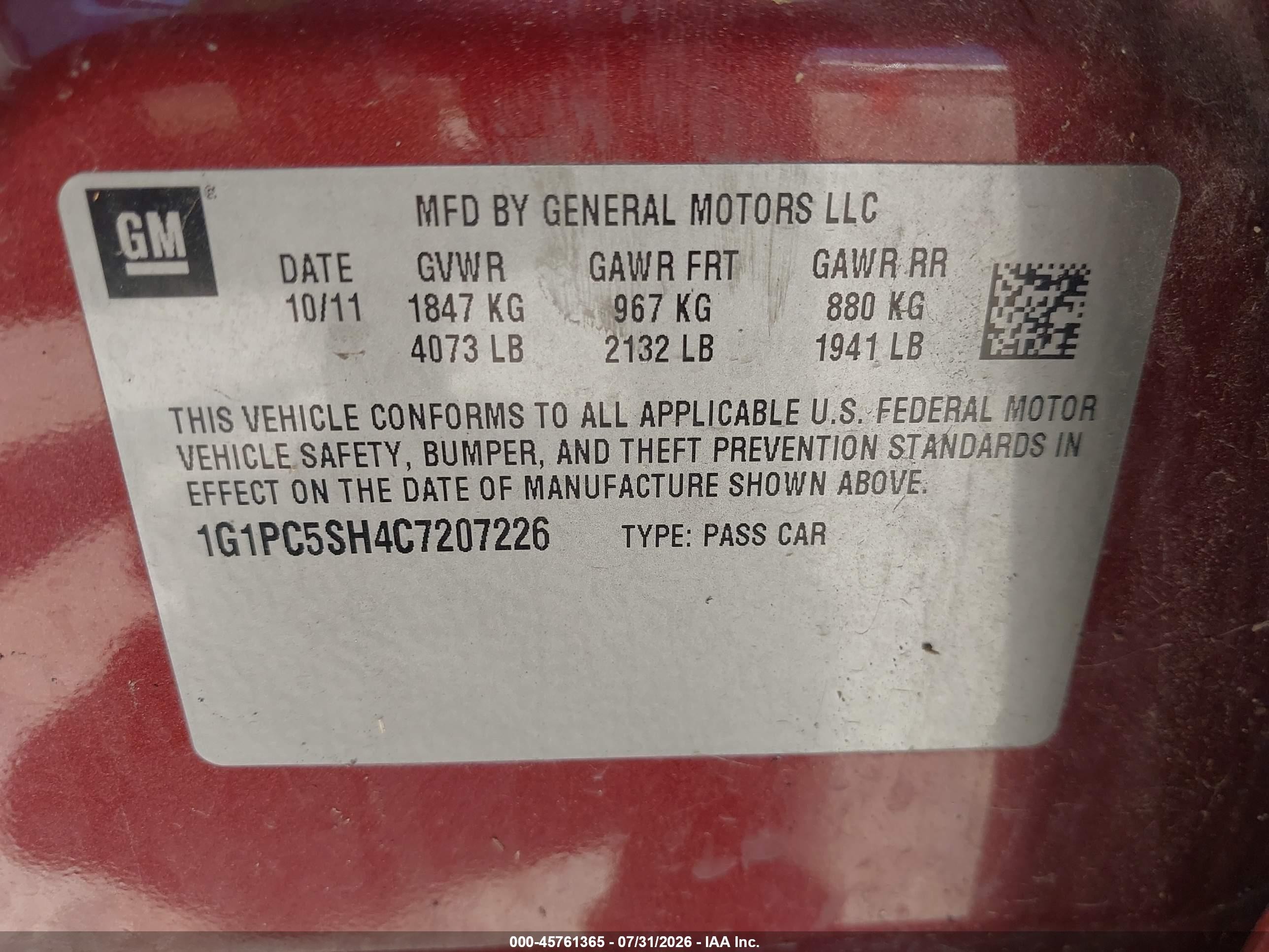 2012 Chevrolet Cruze Ls Red vin: 1G1PC5SH4C7207226