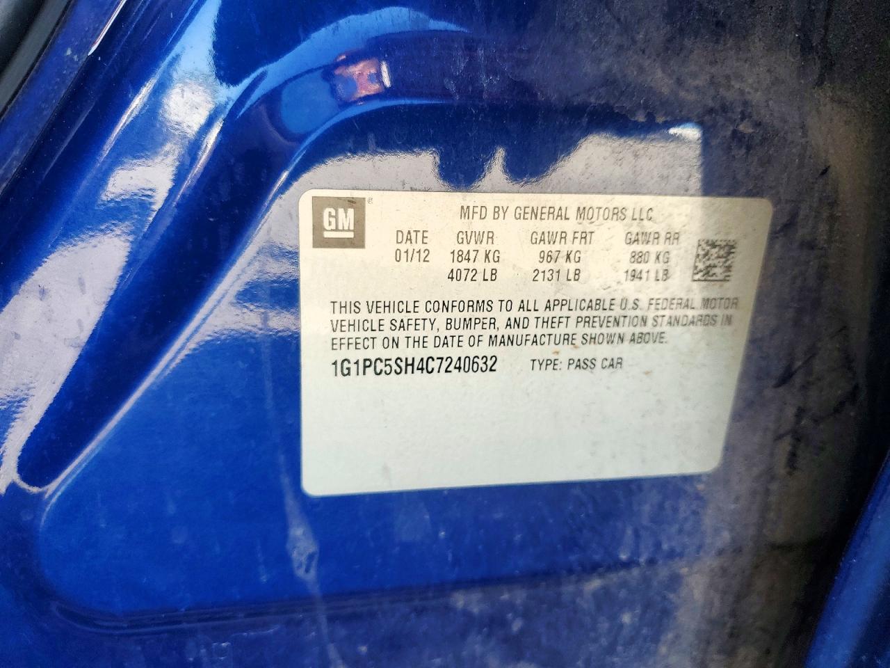 2012 Chevrolet Cruze Ls Blue vin: 1G1PC5SH4C7240632