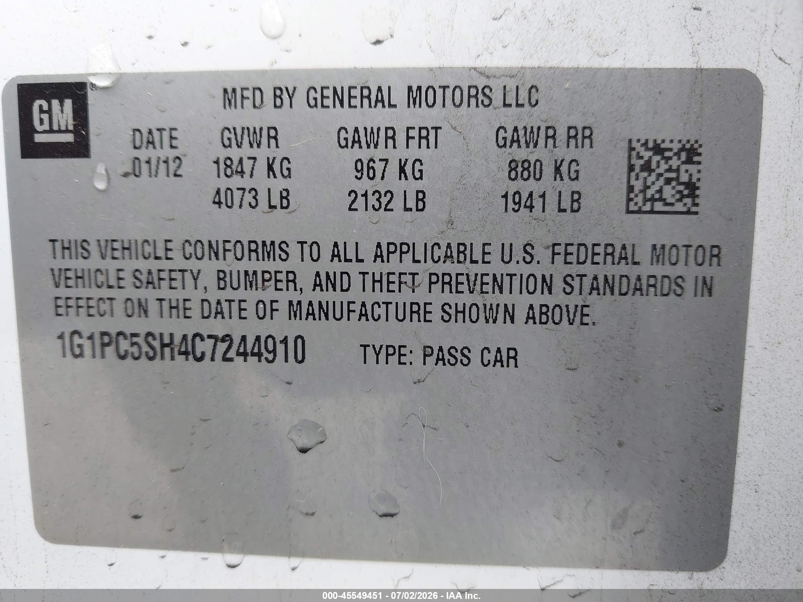 2012 Chevrolet Cruze Ls Белый vin: 1G1PC5SH4C7244910