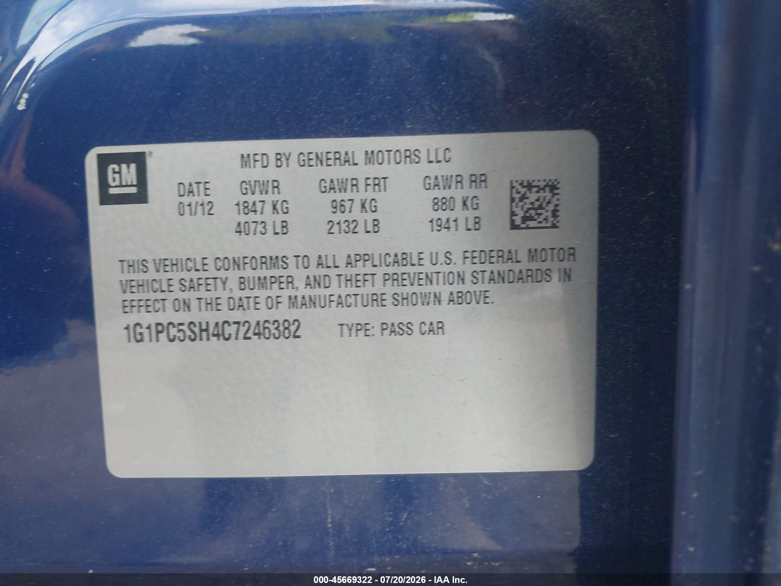 2012 Chevrolet Cruze Ls Blue vin: 1G1PC5SH4C7246382