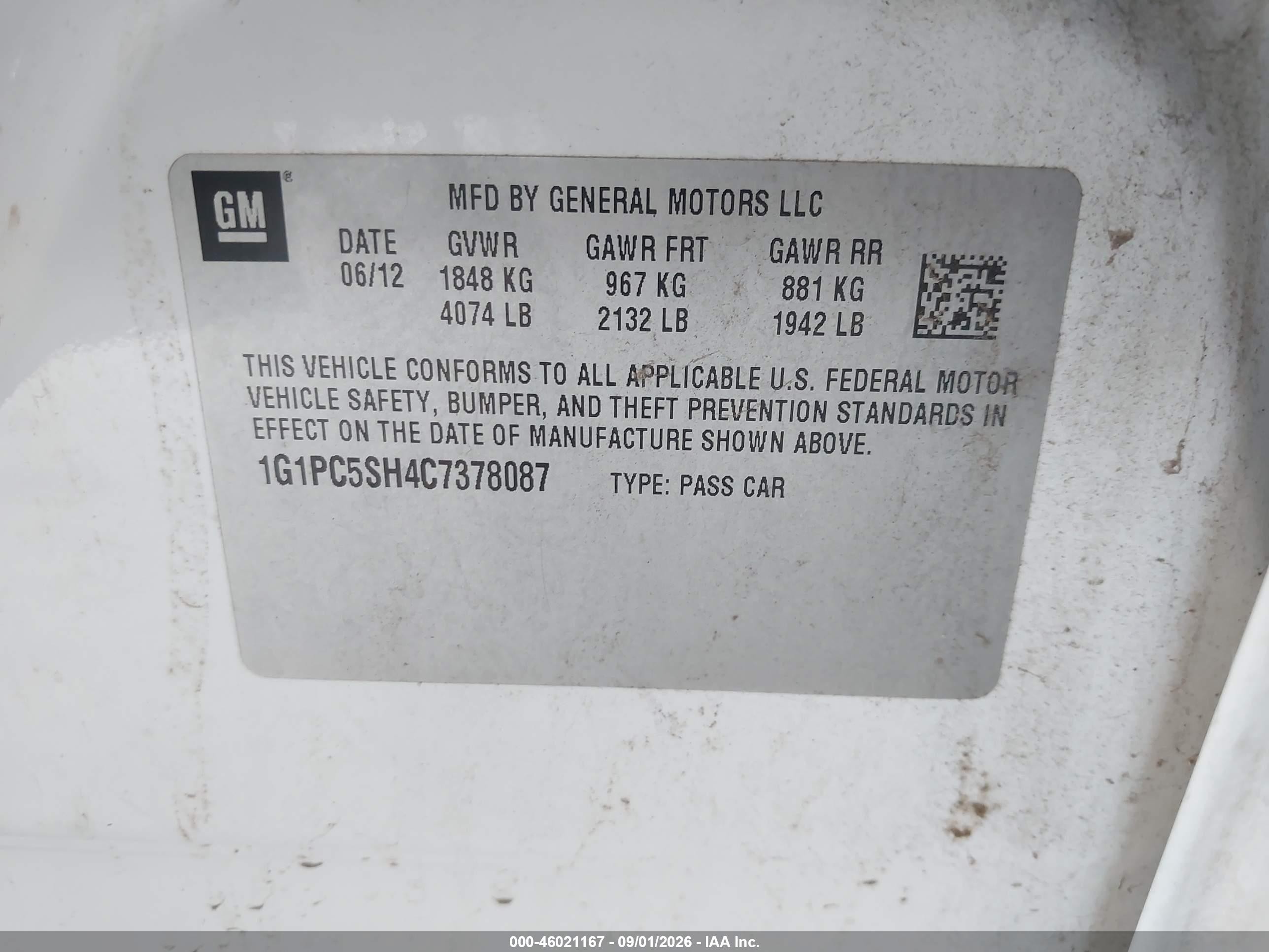 2012 Chevrolet Cruze Ls White vin: 1G1PC5SH4C7378087