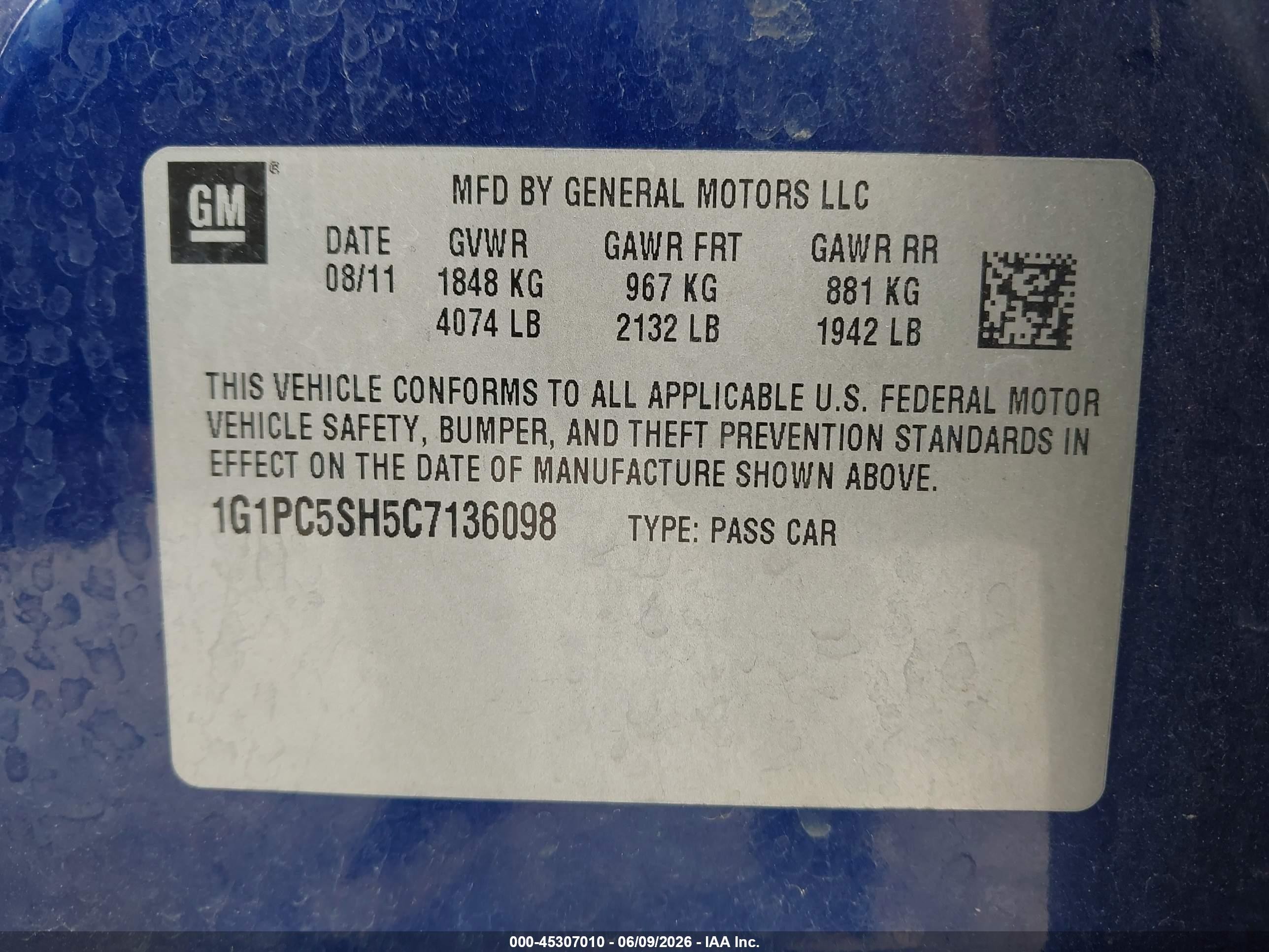 2012 Chevrolet Cruze Ls Blue vin: 1G1PC5SH5C7136098
