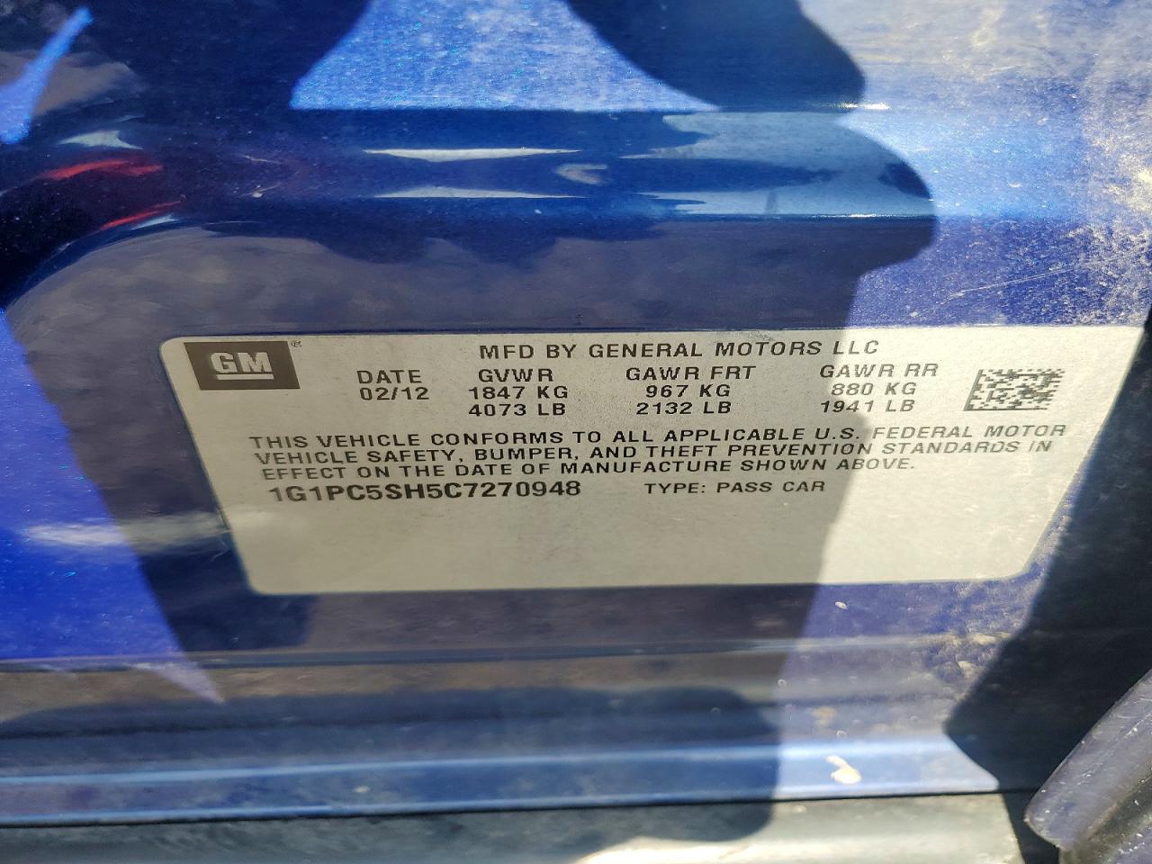 2012 Chevrolet Cruze Ls Blue vin: 1G1PC5SH5C7270948
