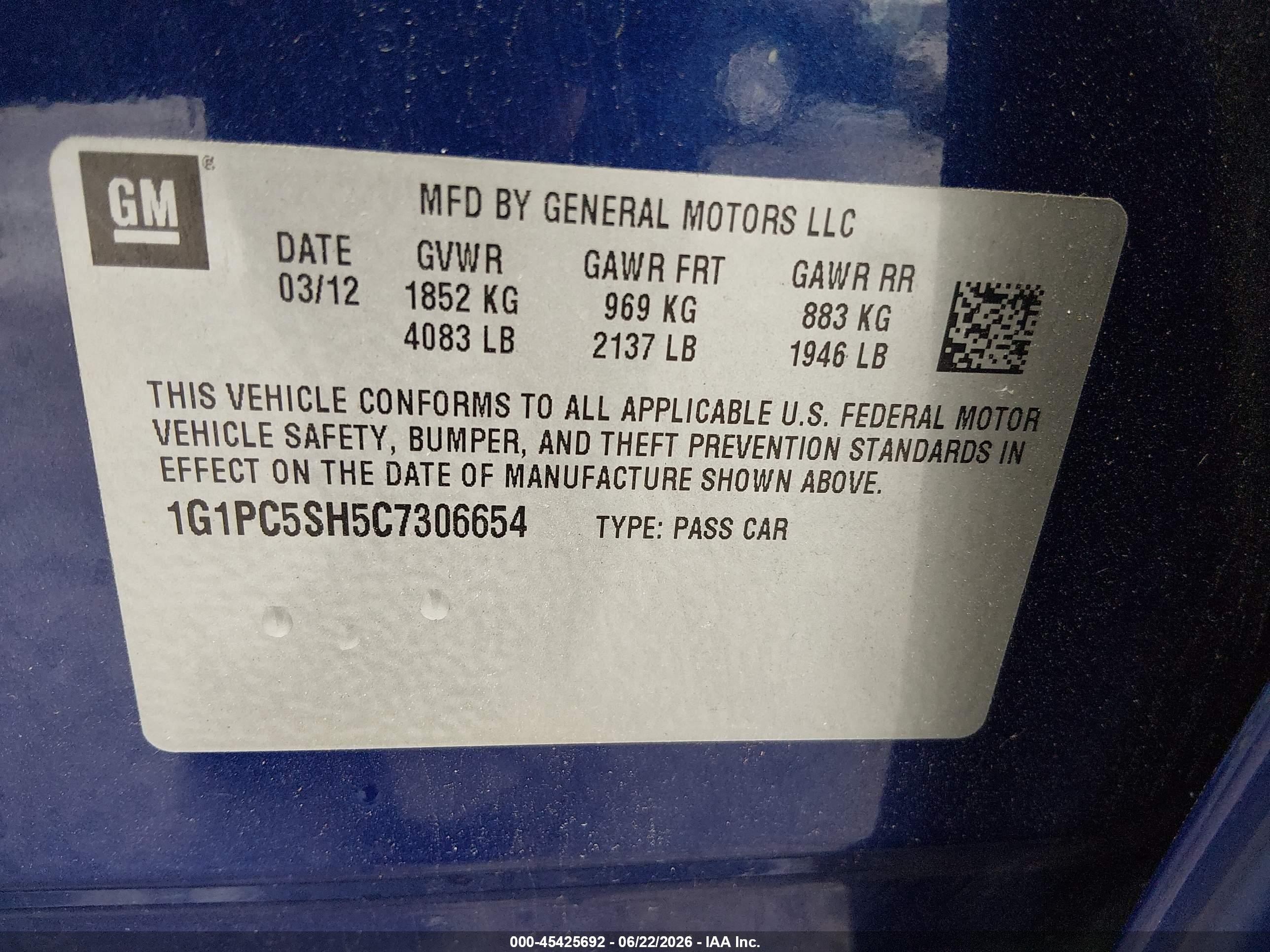 2012 Chevrolet Cruze Ls Blue vin: 1G1PC5SH5C7306654