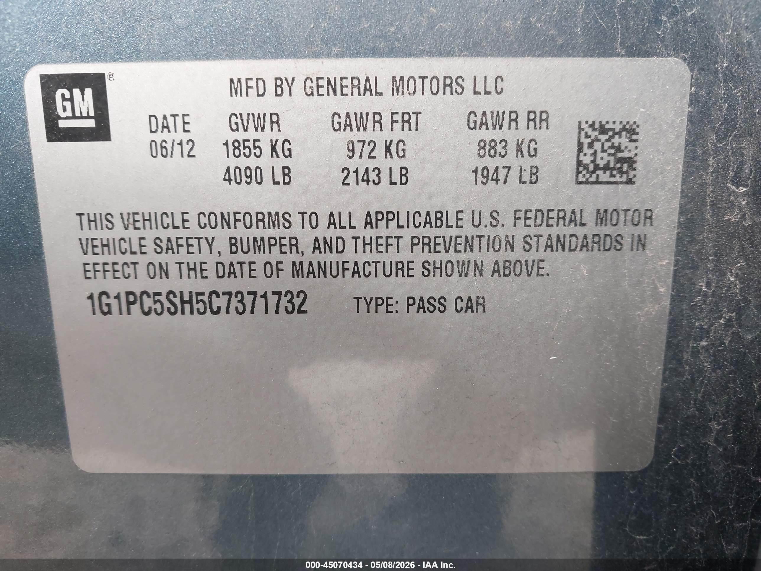 2012 Chevrolet Cruze Ls Light Blue vin: 1G1PC5SH5C7371732