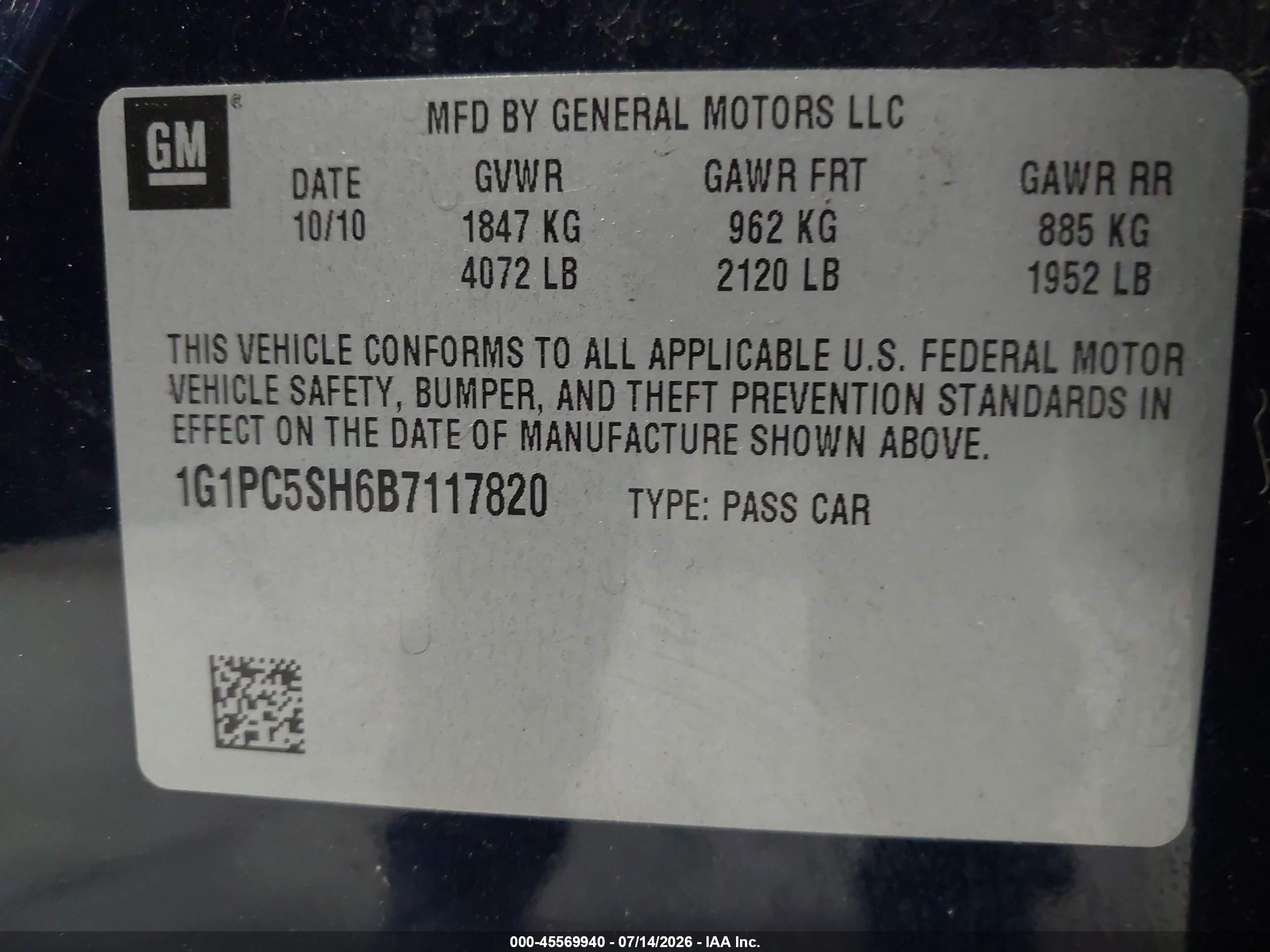 2011 Chevrolet Cruze Ls Blue vin: 1G1PC5SH6B7117820