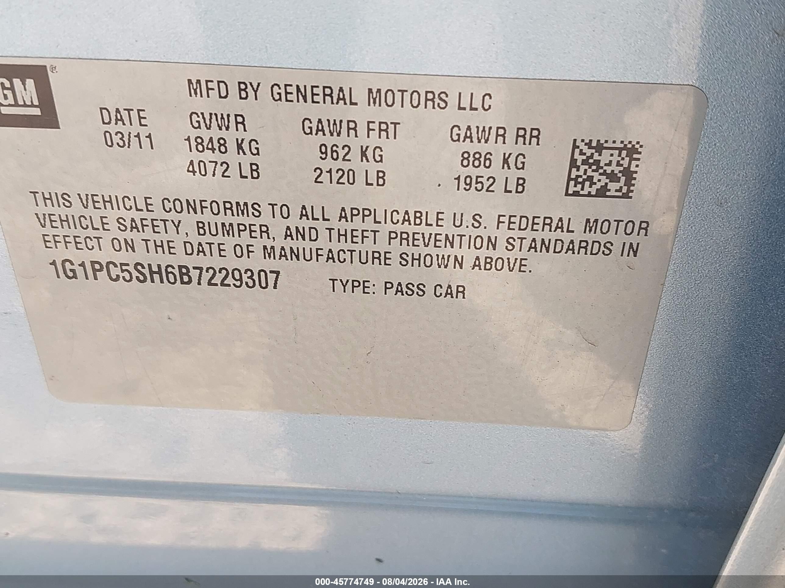 2011 Chevrolet Cruze Ls Blue vin: 1G1PC5SH6B7229307