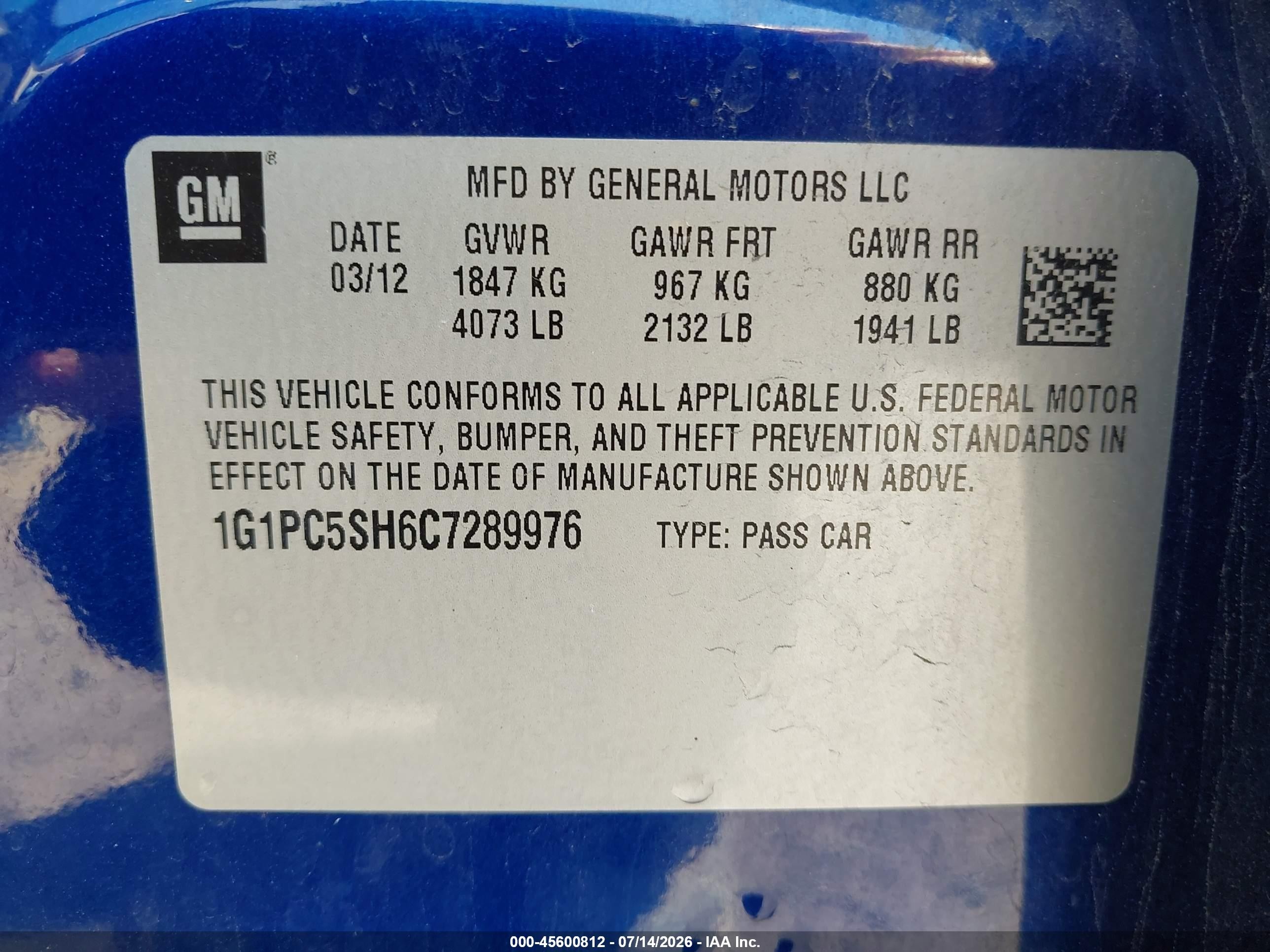 2012 Chevrolet Cruze Ls Blue vin: 1G1PC5SH6C7289976