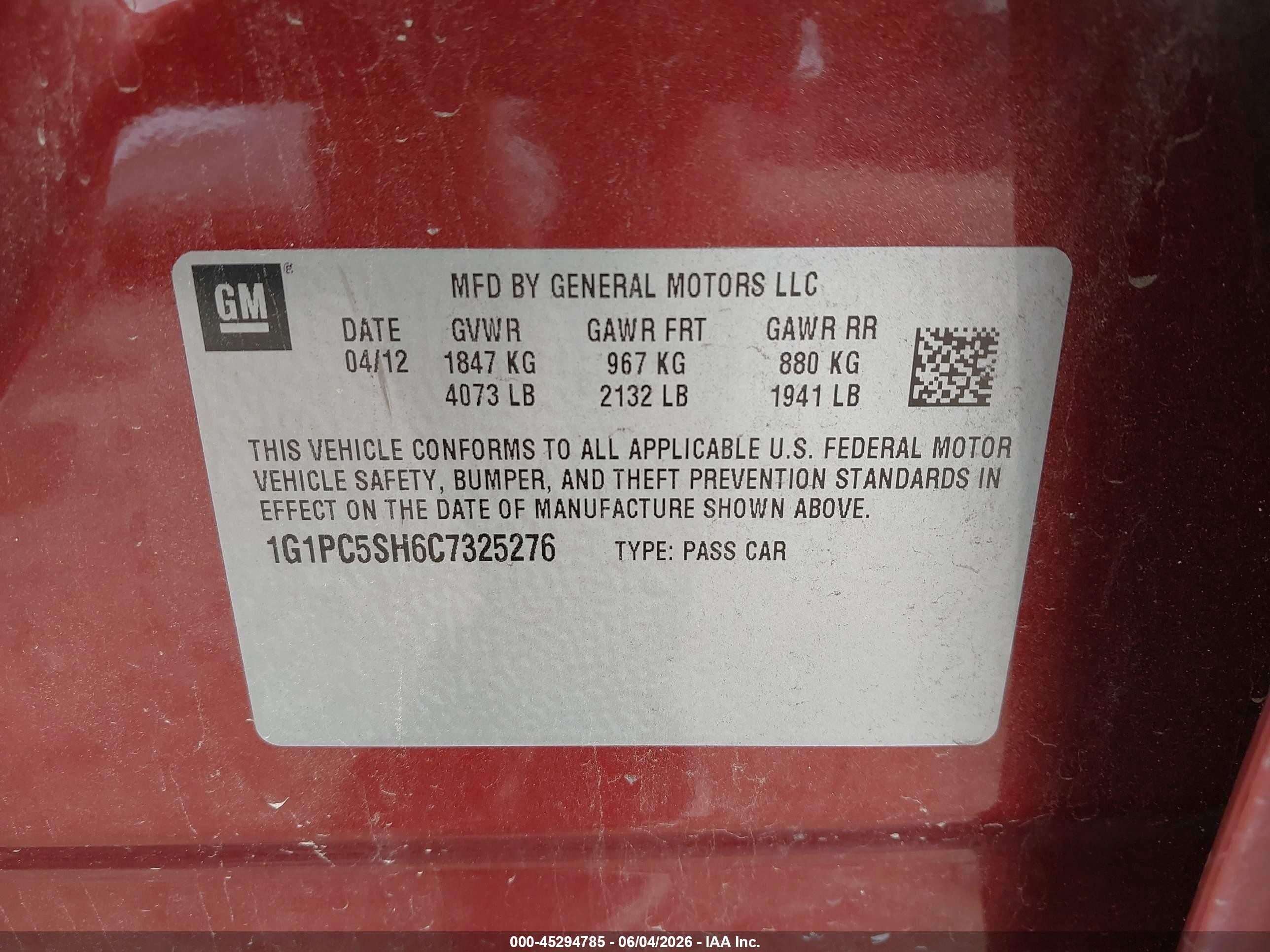 2012 Chevrolet Cruze Ls Red vin: 1G1PC5SH6C7325276