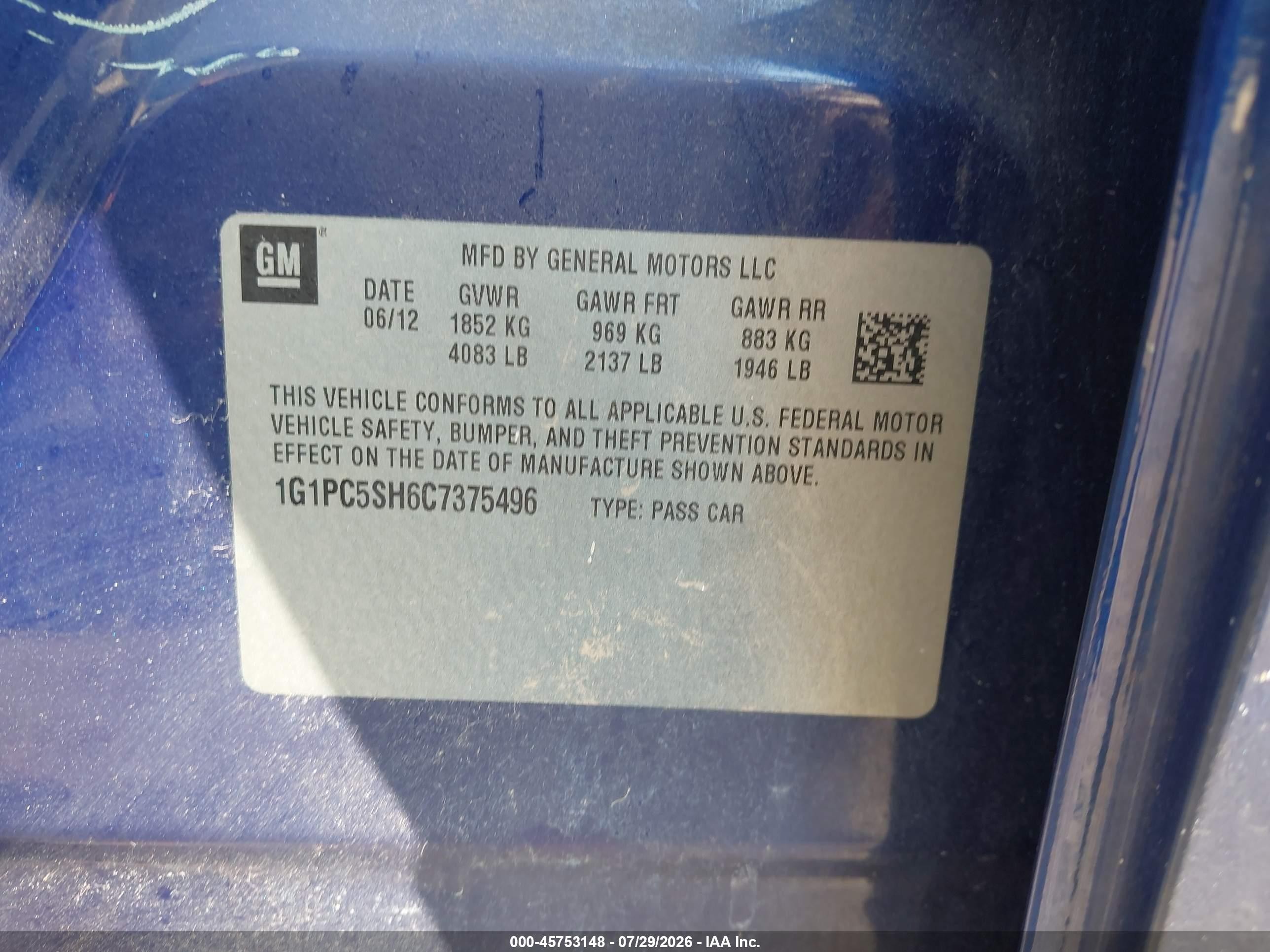 2012 Chevrolet Cruze Ls Blue vin: 1G1PC5SH6C7375496