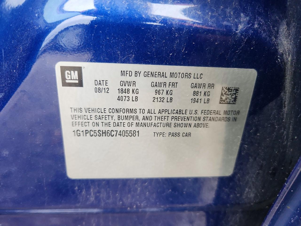 2012 Chevrolet Cruze Ls Blue vin: 1G1PC5SH6C7405581