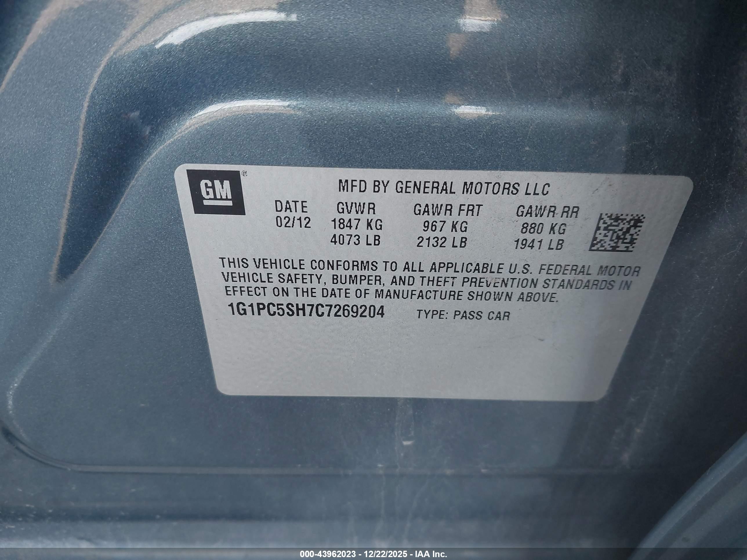 2012 Chevrolet Cruze Ls Blue vin: 1G1PC5SH7C7269204