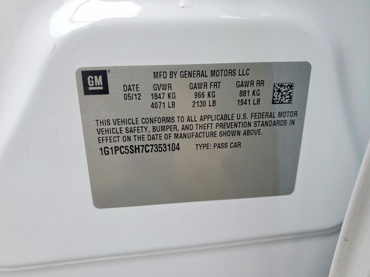2012 Chevrolet Cruze Ls White vin: 1G1PC5SH7C7353104