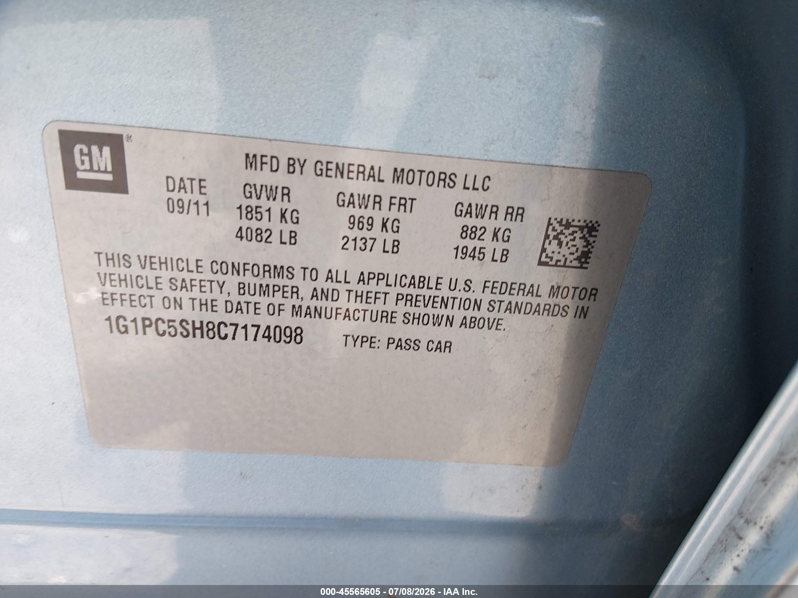 2012 Chevrolet Cruze Ls Blue vin: 1G1PC5SH8C7174098