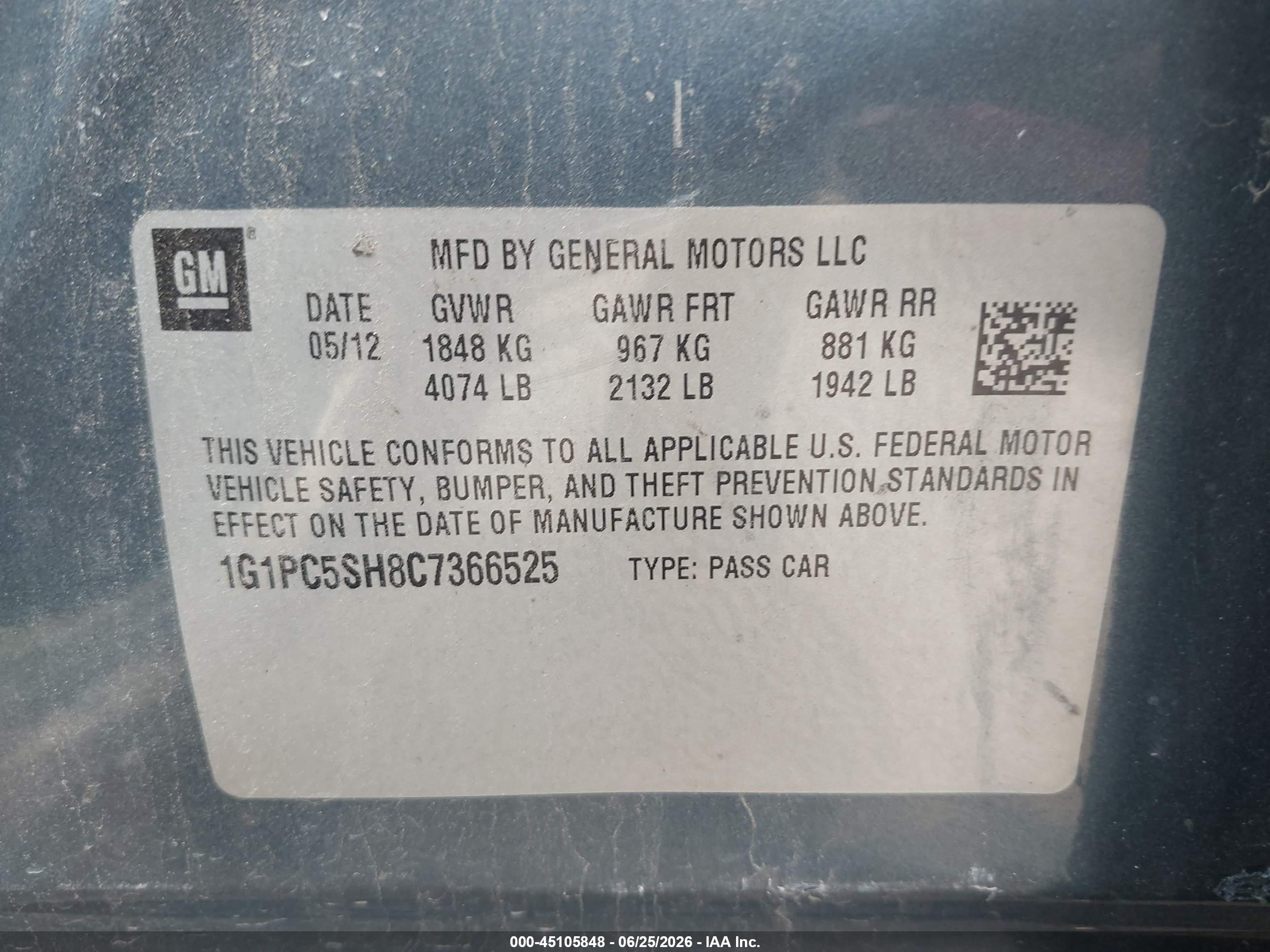 2012 Chevrolet Cruze Ls Blue vin: 1G1PC5SH8C7366525