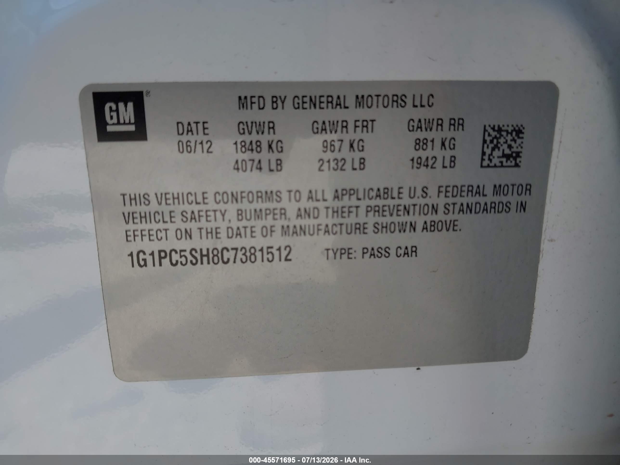 2012 Chevrolet Cruze Ls Белый vin: 1G1PC5SH8C7381512