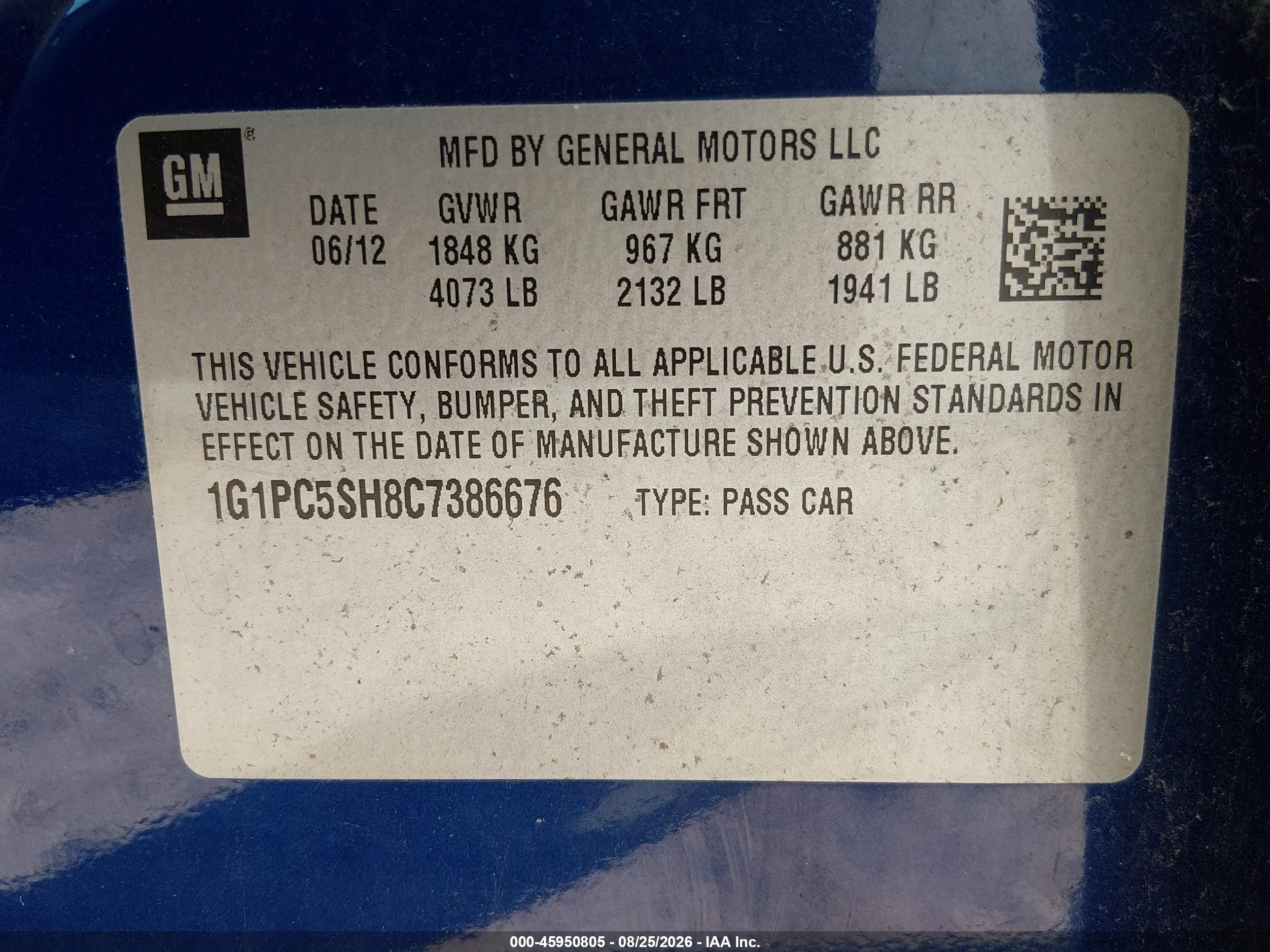 2012 Chevrolet Cruze Ls Blue vin: 1G1PC5SH8C7386676