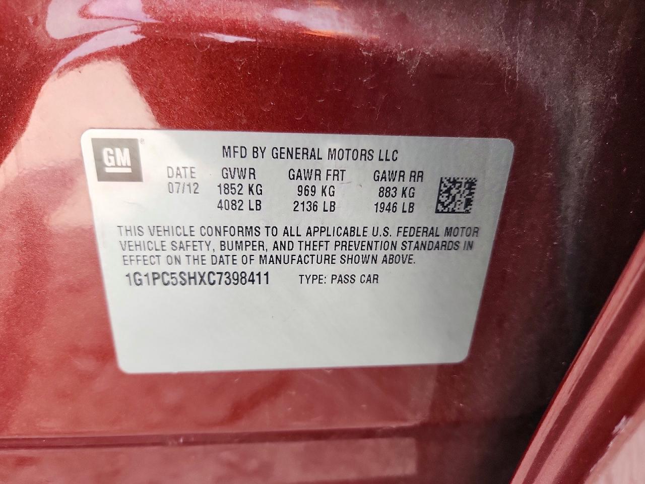 2012 Chevrolet Cruze Ls Red vin: 1G1PC5SHXC7398411