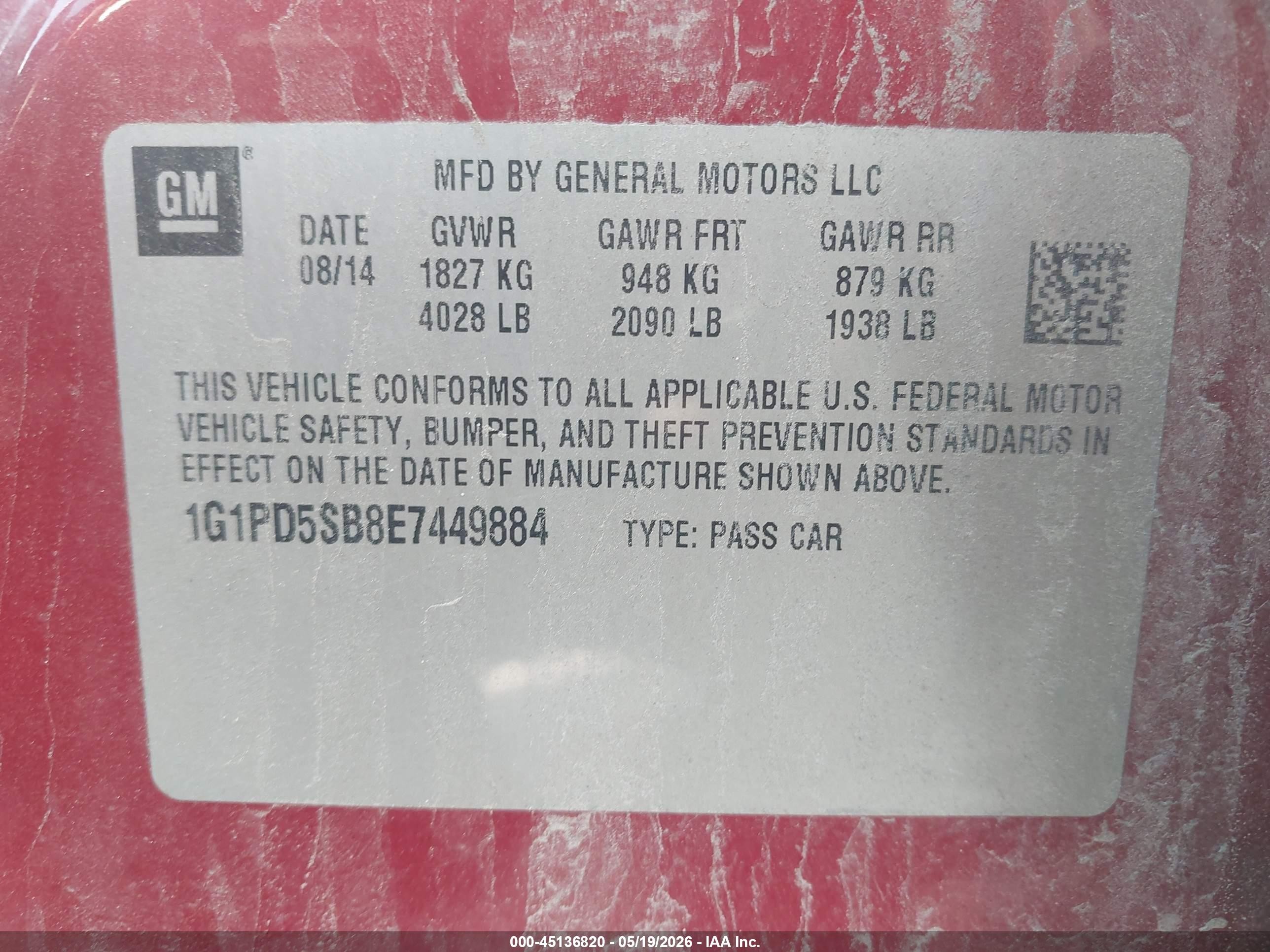 2014 Chevrolet Cruze 1lt Manual Red vin: 1G1PD5SB8E7449884