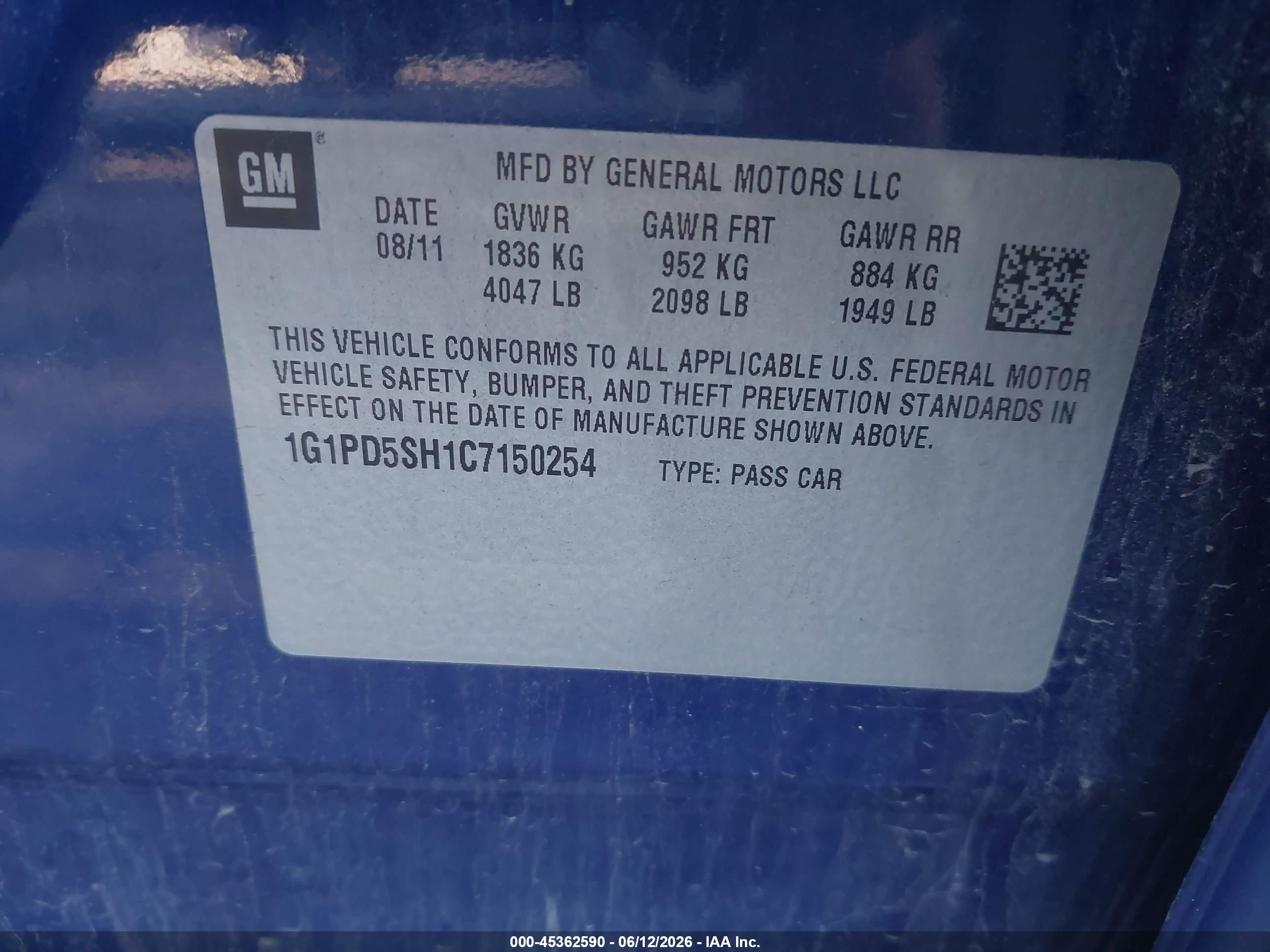 2012 Chevrolet Cruze Ls Blue vin: 1G1PD5SH1C7150254