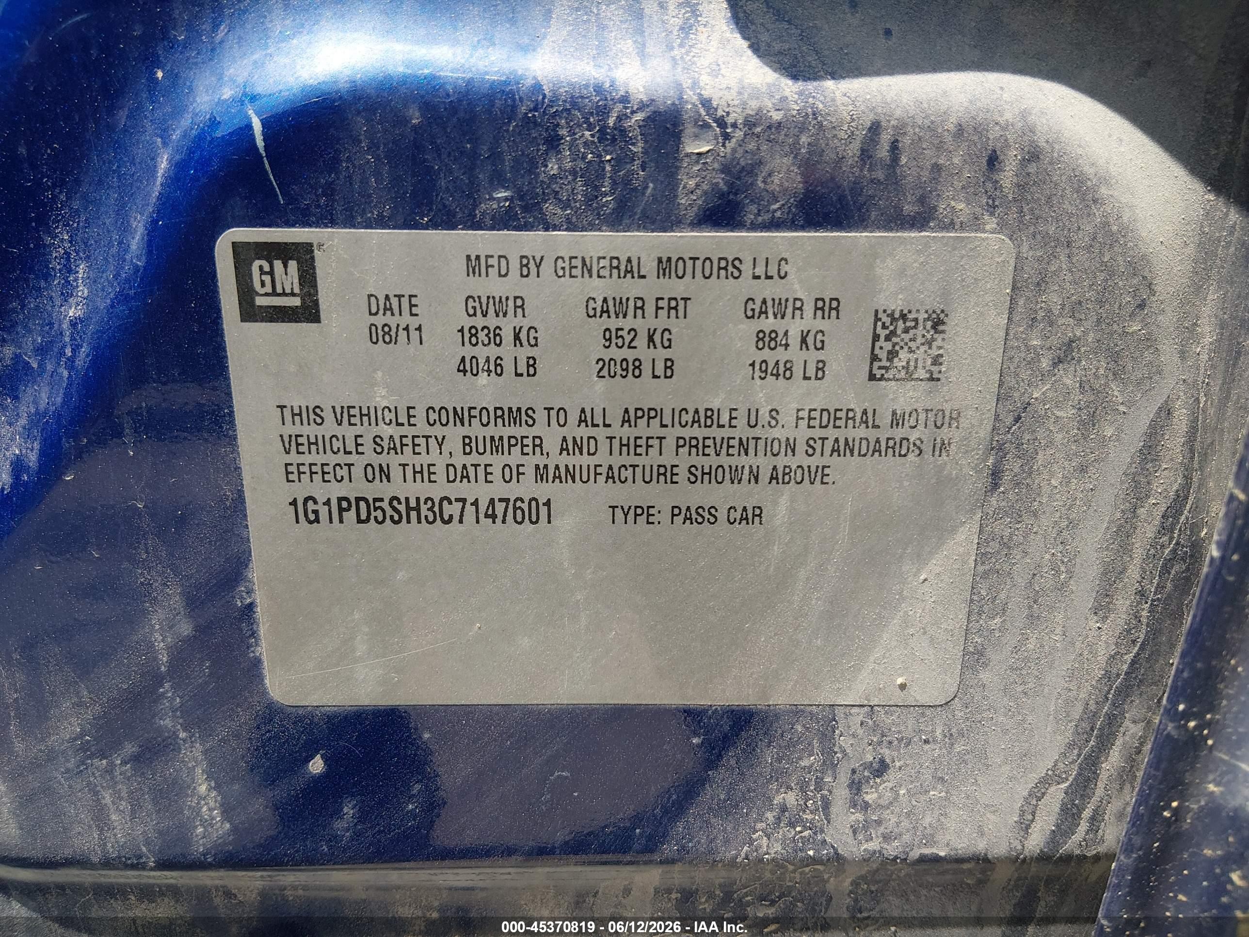2012 Chevrolet Cruze Ls Blue vin: 1G1PD5SH3C7147601
