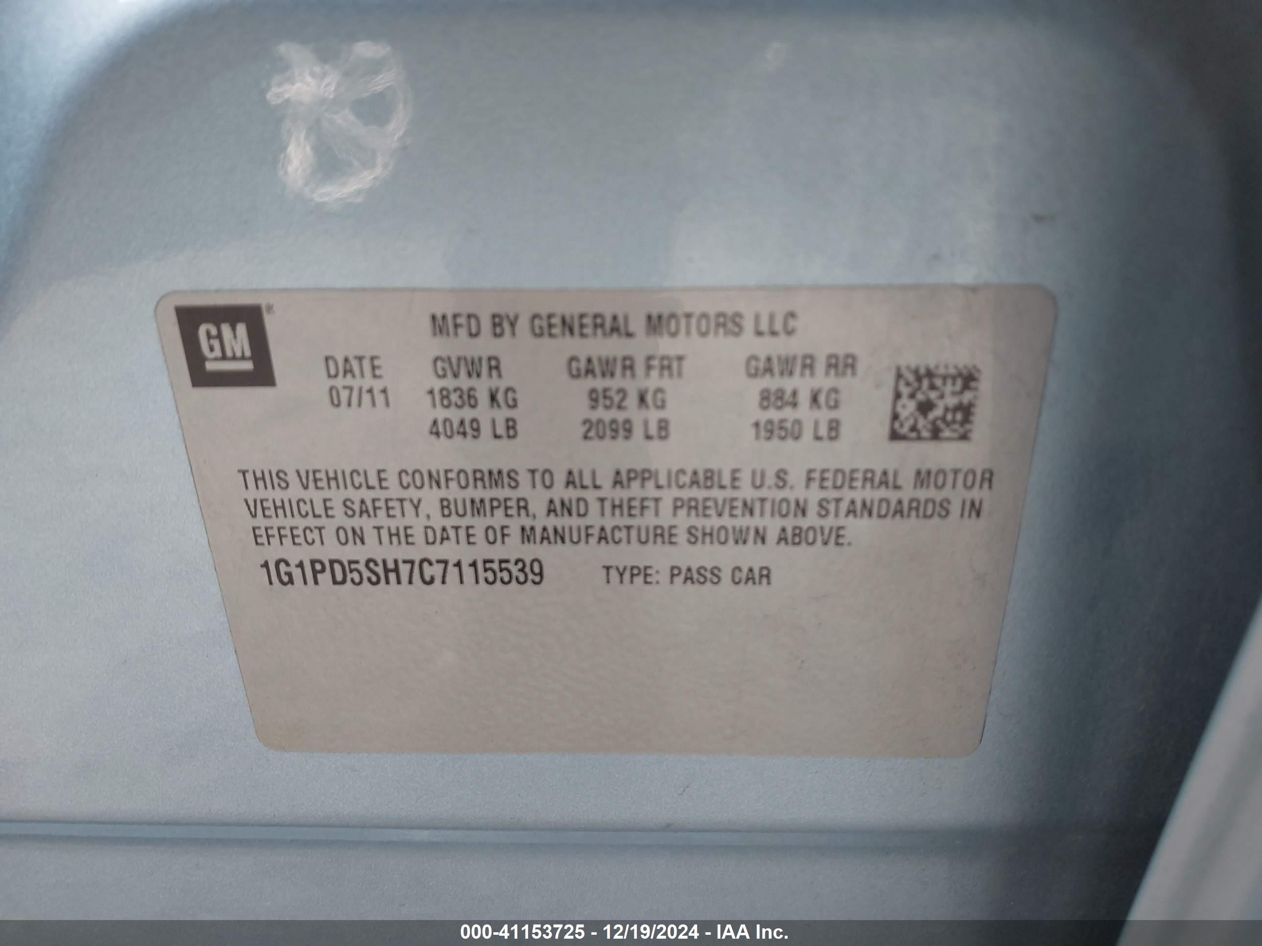 2012 Chevrolet Cruze Ls Light Blue vin: 1G1PD5SH7C7115539