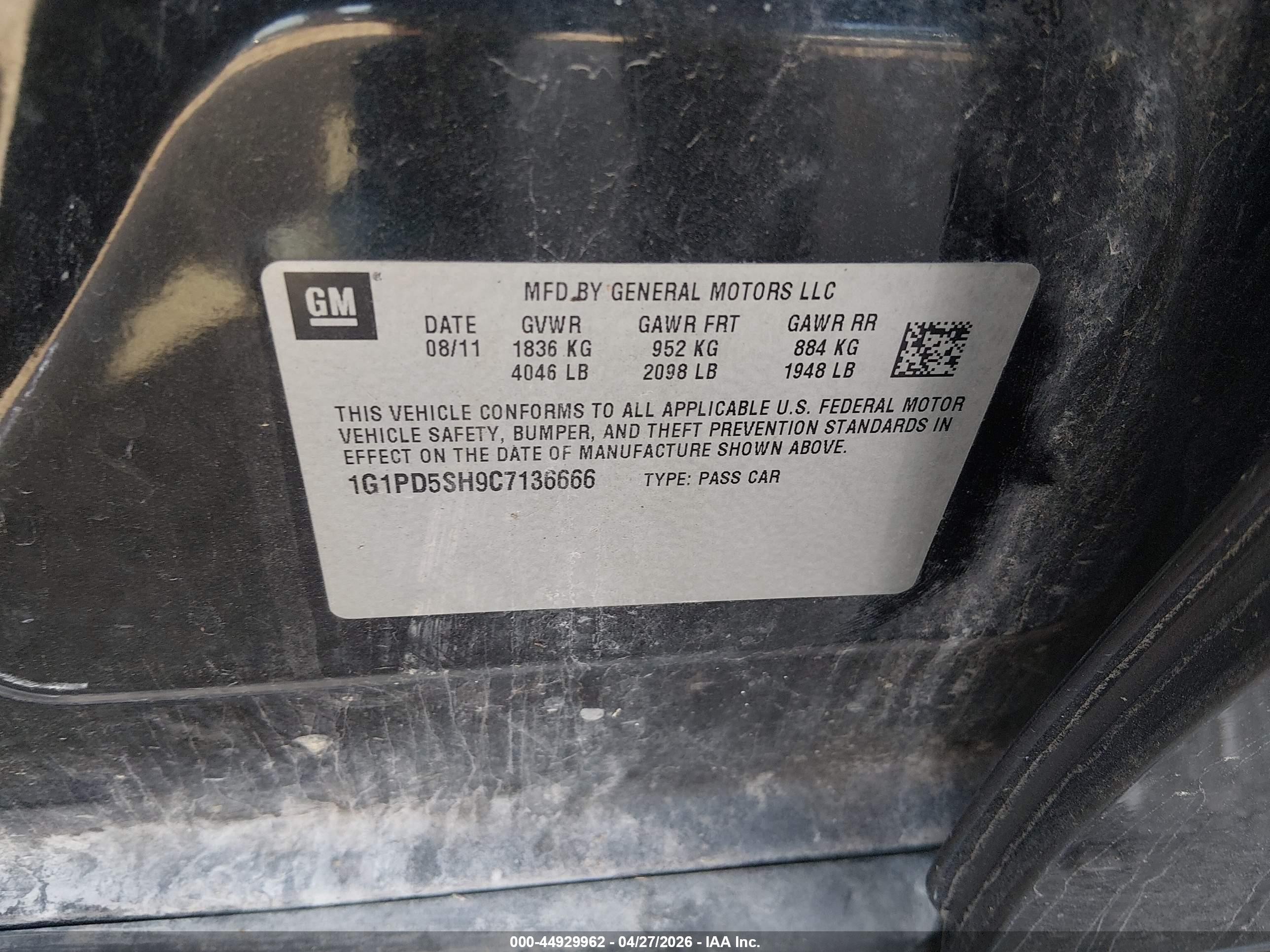 2012 Chevrolet Cruze Ls Black vin: 1G1PD5SH9C7136666
