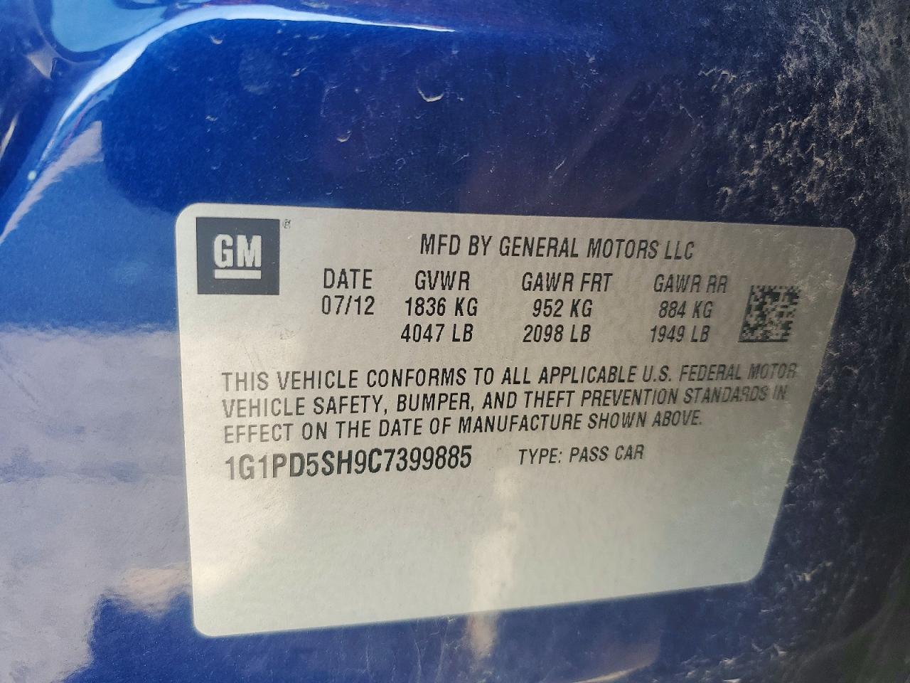 2012 Chevrolet Cruze Ls Синий vin: 1G1PD5SH9C7399885