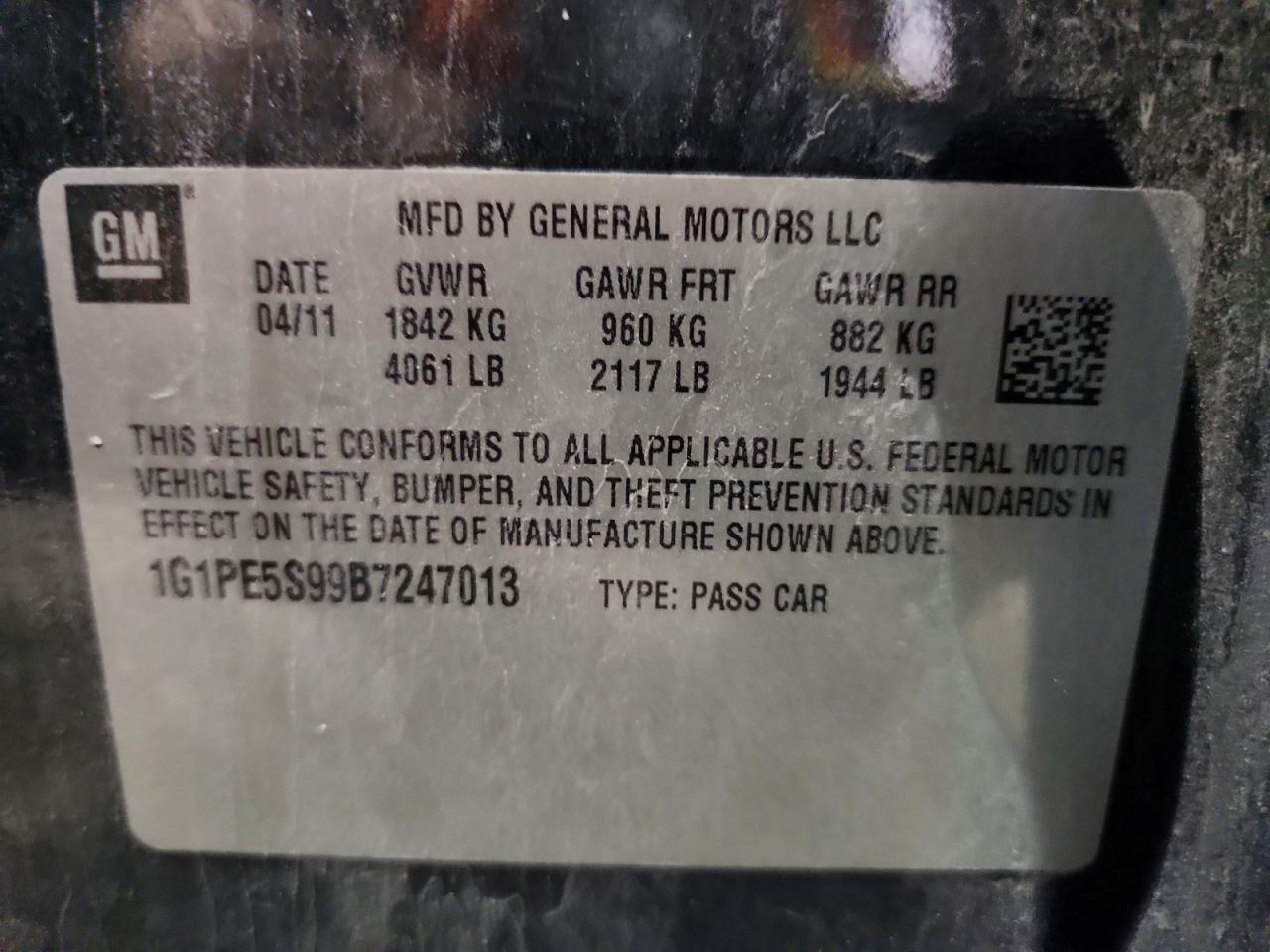 2011 Chevrolet Cruze Lt Black vin: 1G1PE5S99B7247013