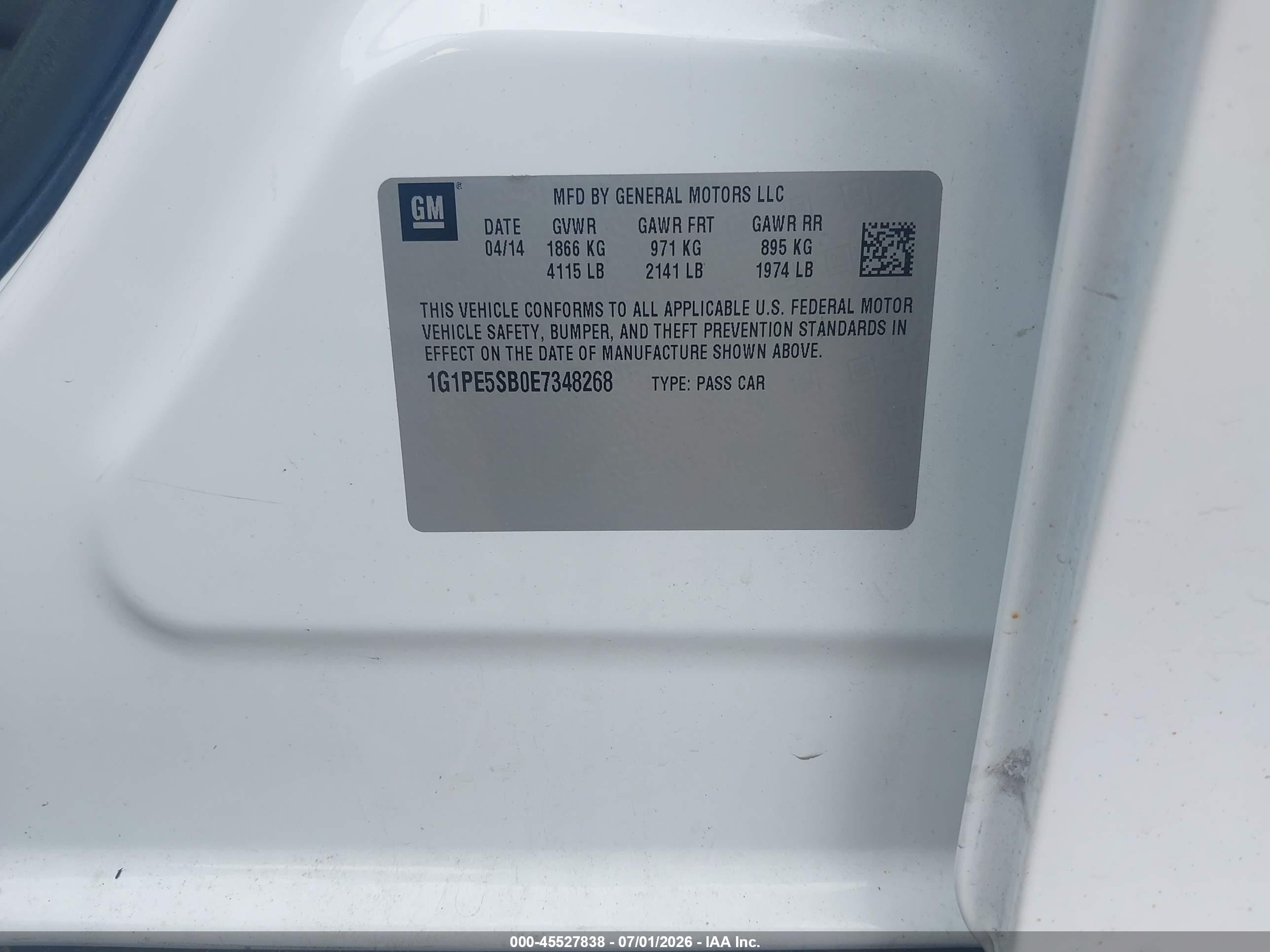 2014 Chevrolet Cruze 2lt Auto Белый vin: 1G1PE5SB0E7348268