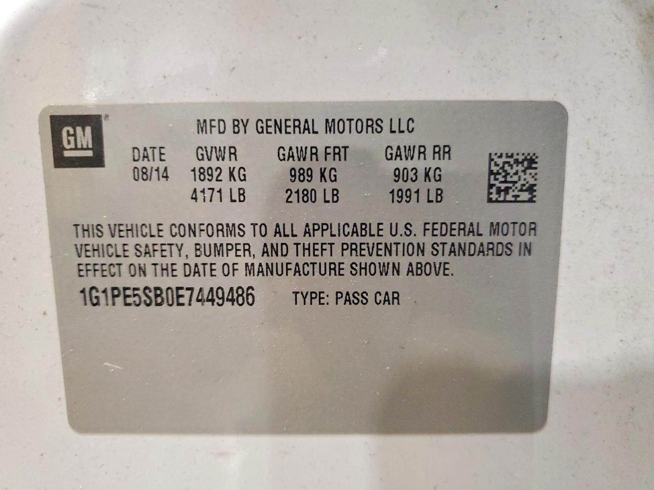 2014 Chevrolet Cruze Lt White vin: 1G1PE5SB0E7449486