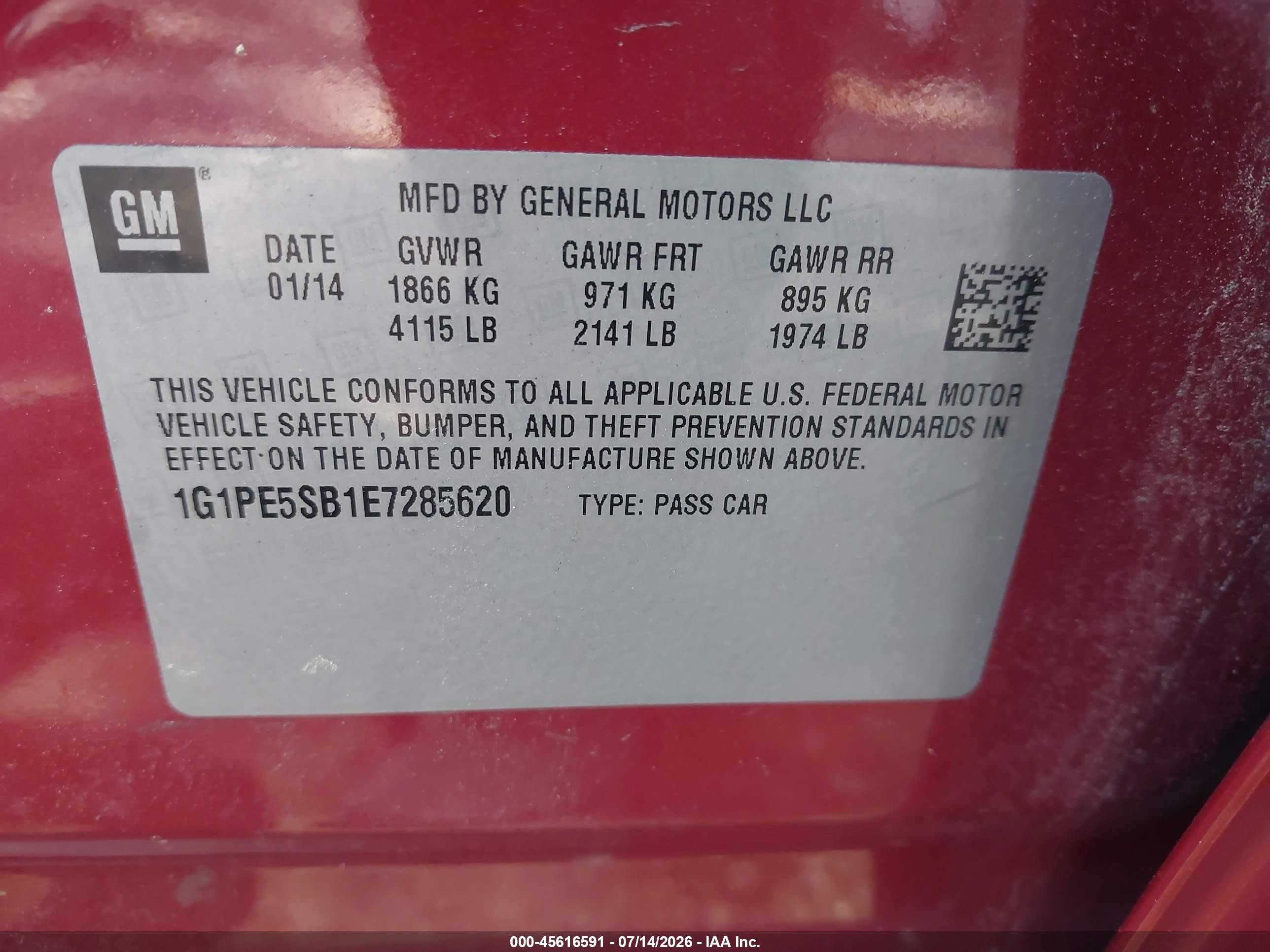 2014 Chevrolet Cruze 2lt Auto Red vin: 1G1PE5SB1E7285620