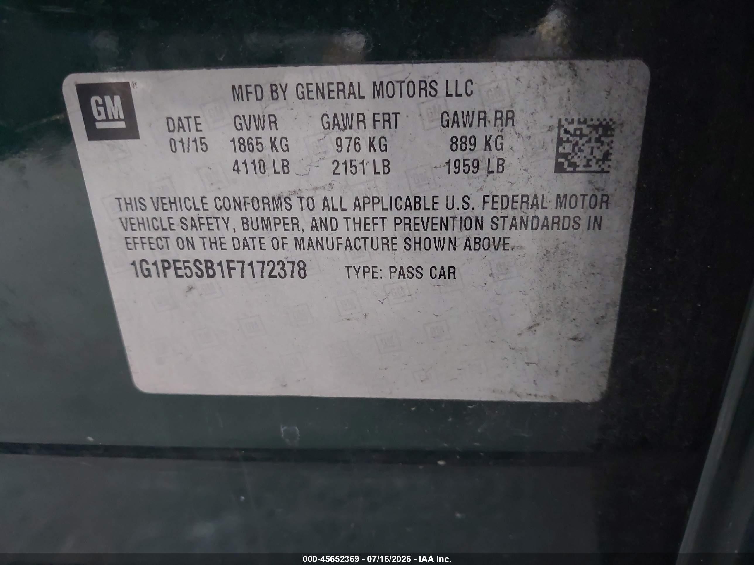2015 Chevrolet Cruze 2lt Auto Green vin: 1G1PE5SB1F7172378