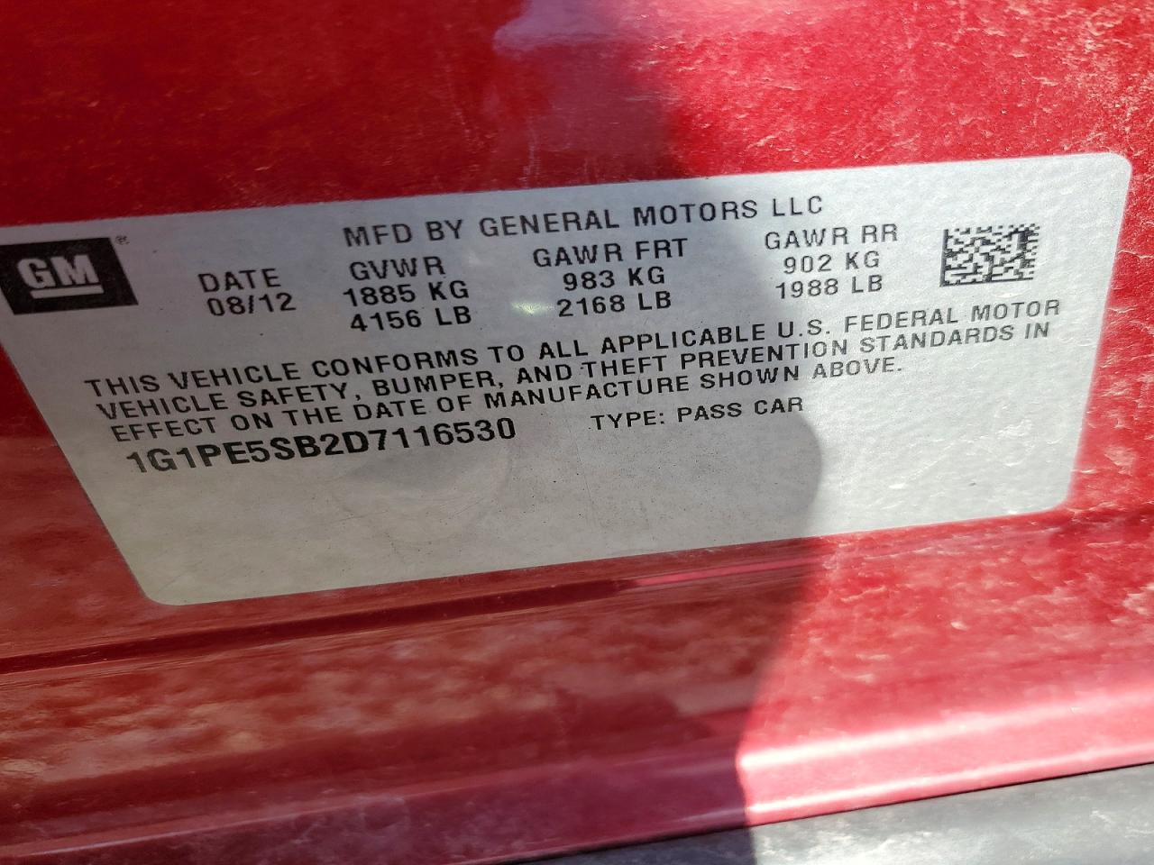 2013 Chevrolet Cruze Lt Red vin: 1G1PE5SB2D7116530