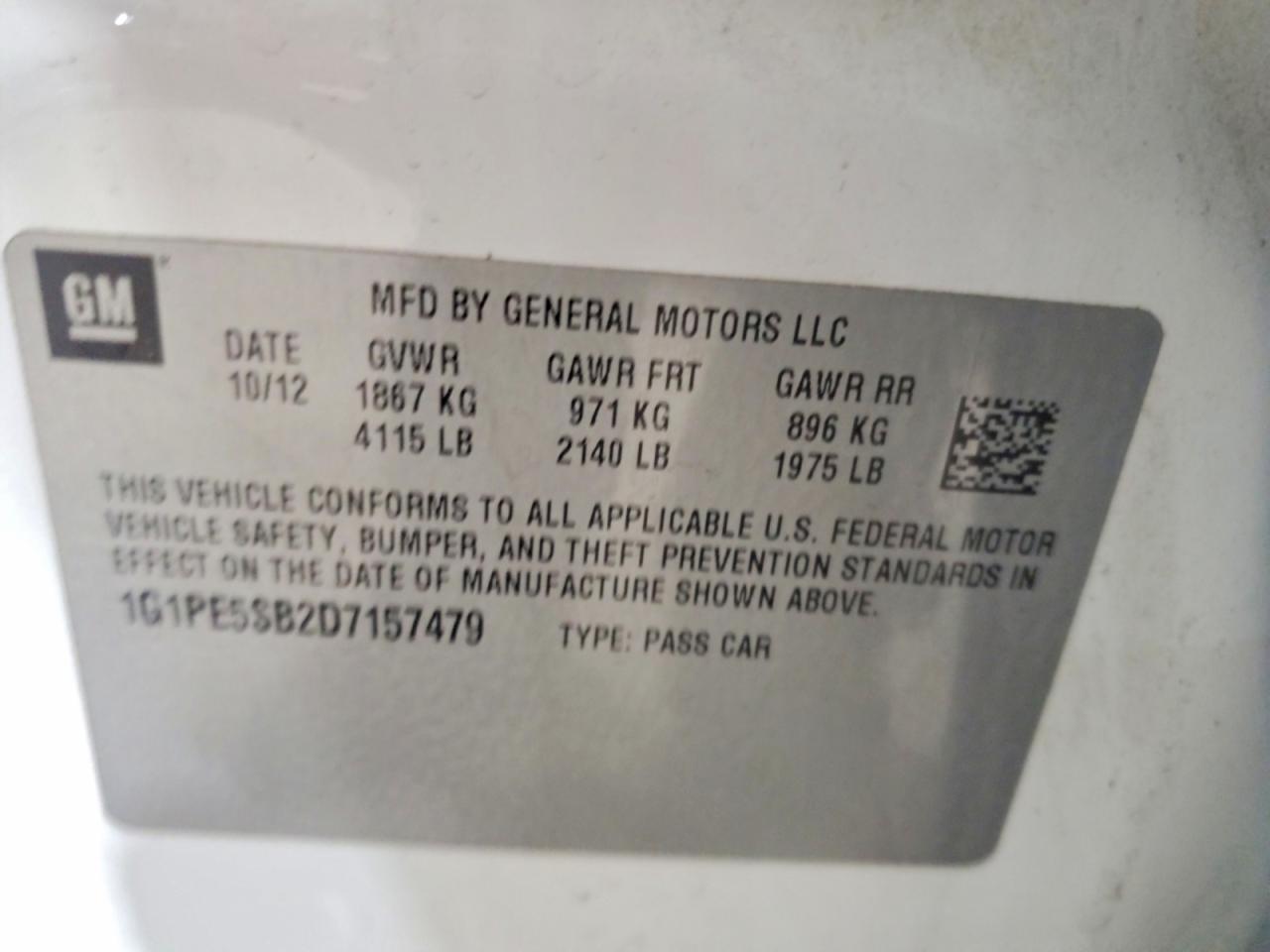2013 Chevrolet Cruze Lt White vin: 1G1PE5SB2D7157479