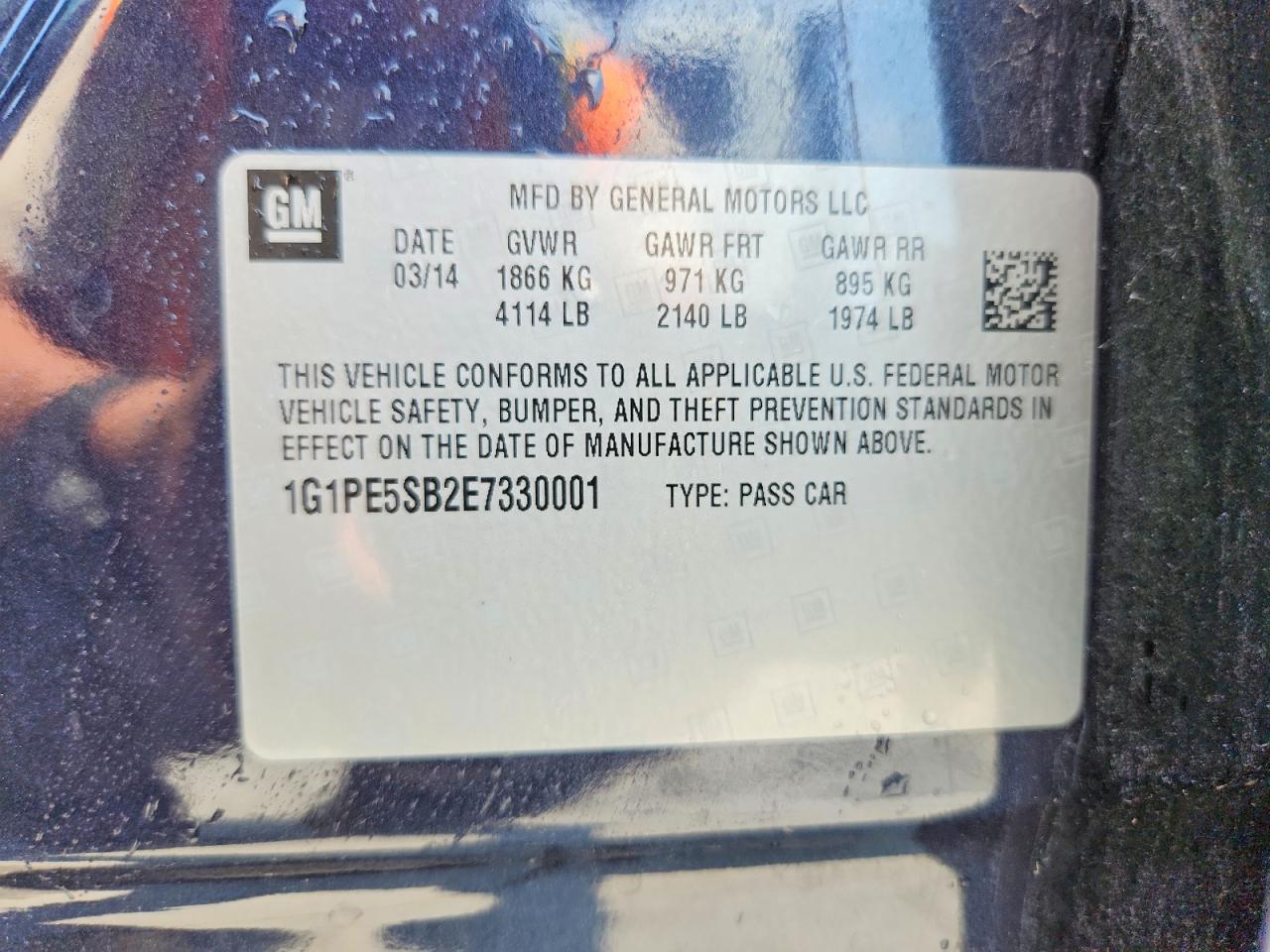 2014 Chevrolet Cruze Lt Blue vin: 1G1PE5SB2E7330001